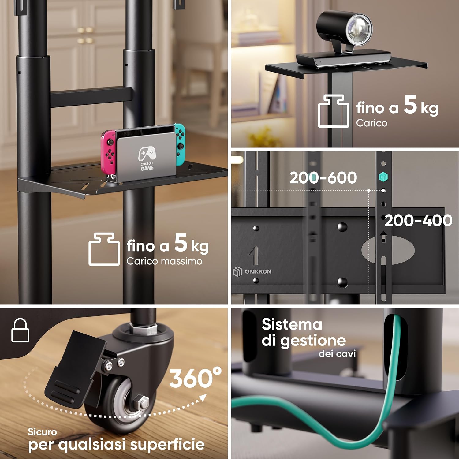 Detalle 2 de ONKRON TS1571-B supporto TV da pavimento 32–75 pollici con ruote, mensola e altezza regolabile