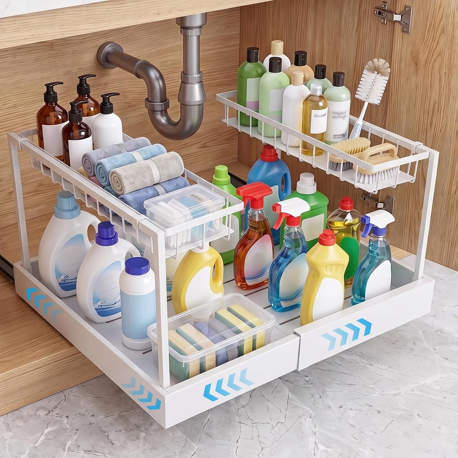Detalle de Sampoes GKMB0054 – metalowy organizer pod zlew, 2 poziomy i wysuwana szuflada