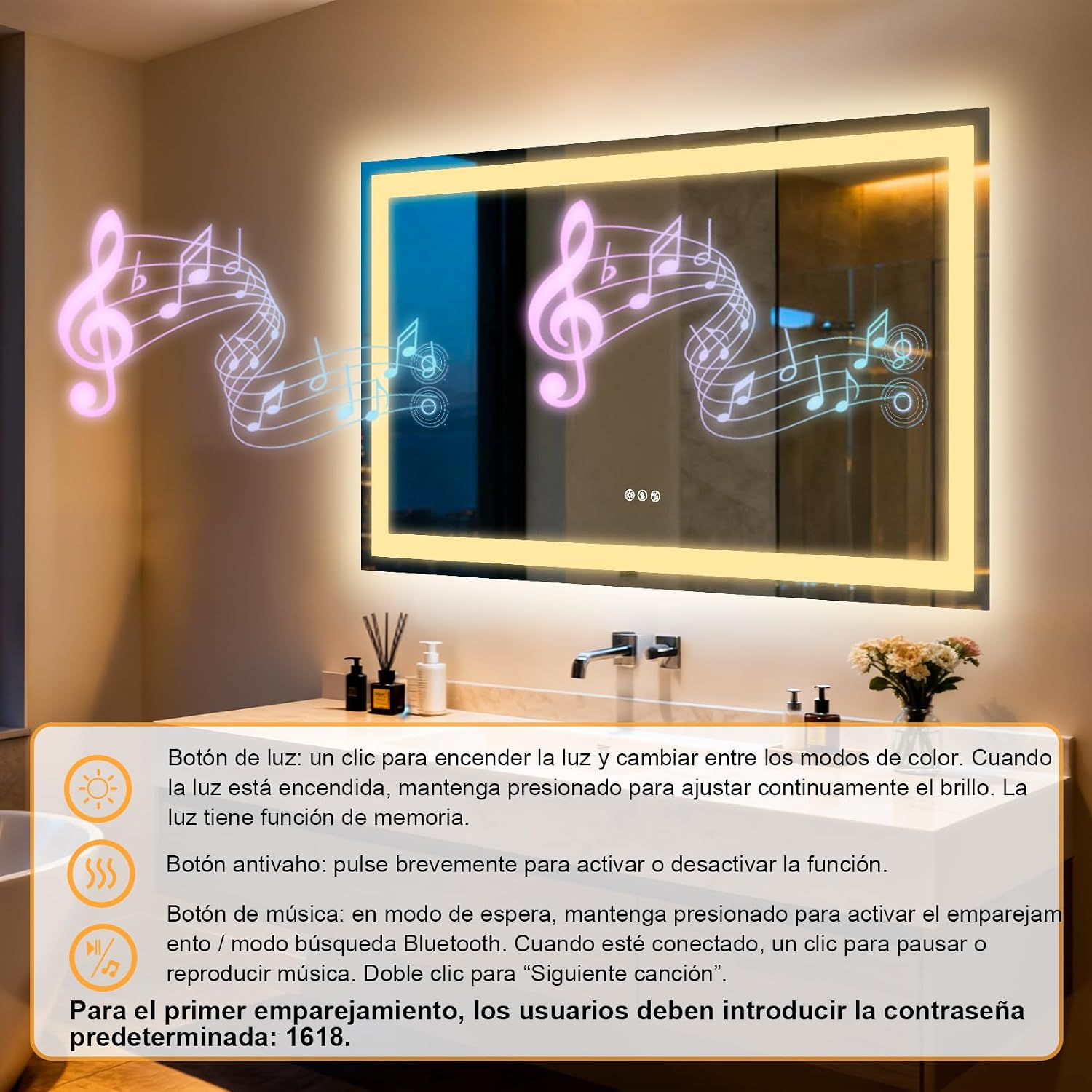 Detalle 1 de Espejo LED 120x70 cm con altavoz Bluetooth