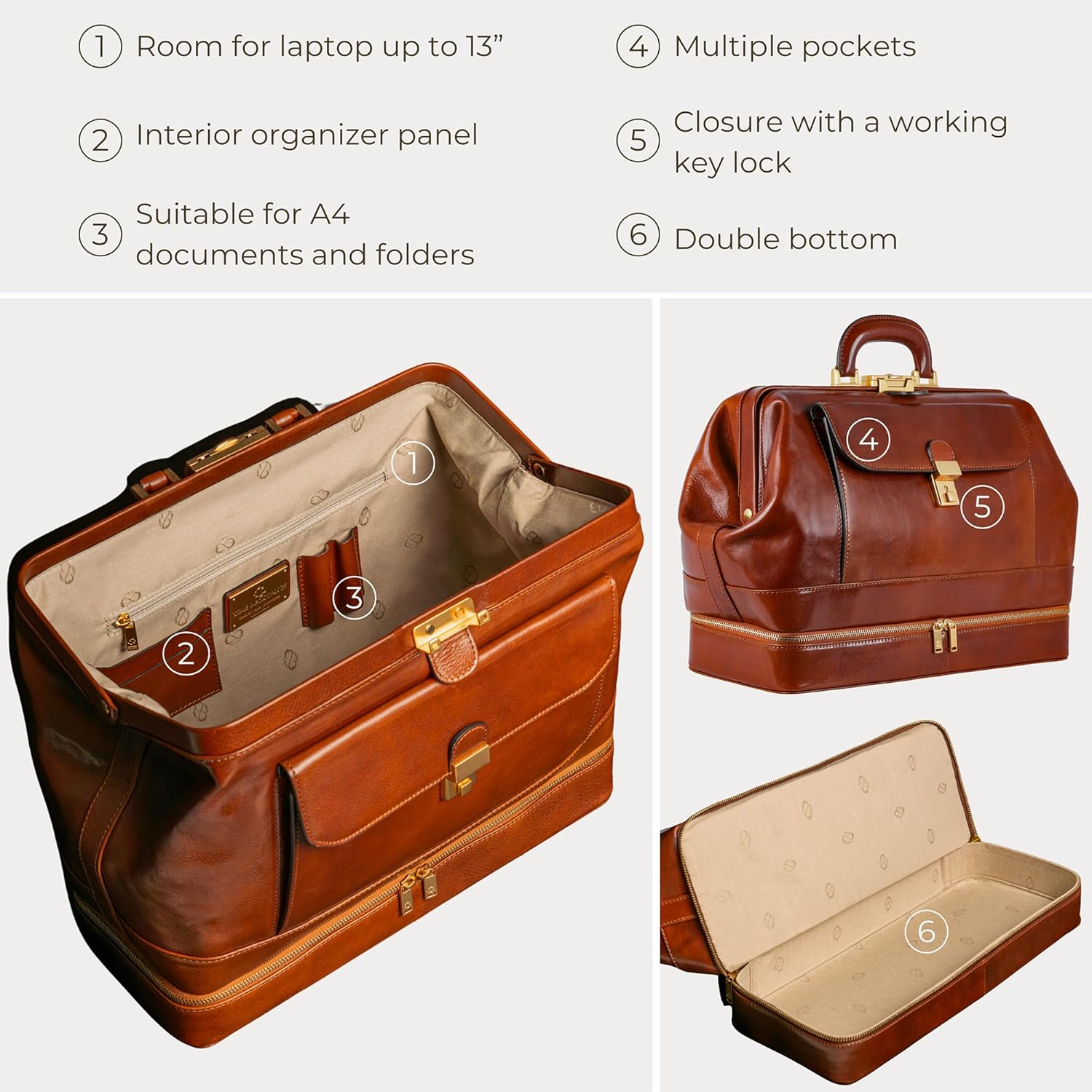 Thumbnail 5 de Time Resistance Full Grain Leather Doctor Bag – Vintage Style Medical Briefcase