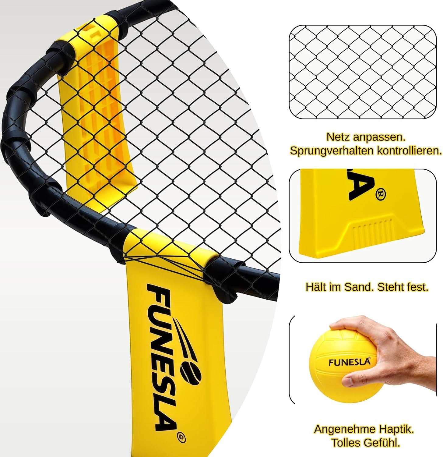 Detalle de Funesla Roundnet Set mit Tasche – Strand & Garten, direkter Steckmontage, 3 Bälle, Pumpe und Tragetasche