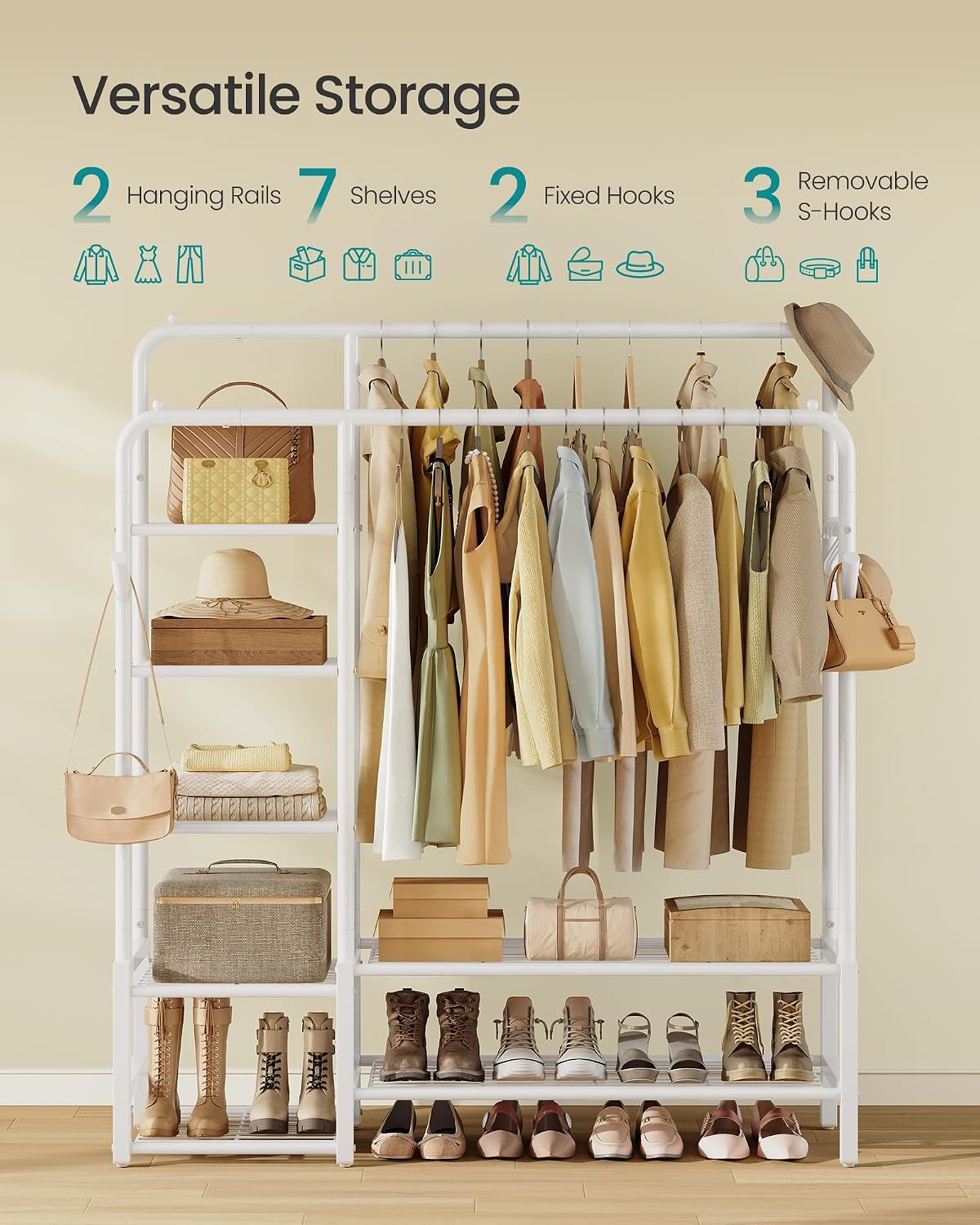 Detalle de SONGMICS HSR182WG01 Clothes Rail with 7 Shelves and 4 Hanging Rails, Matte White