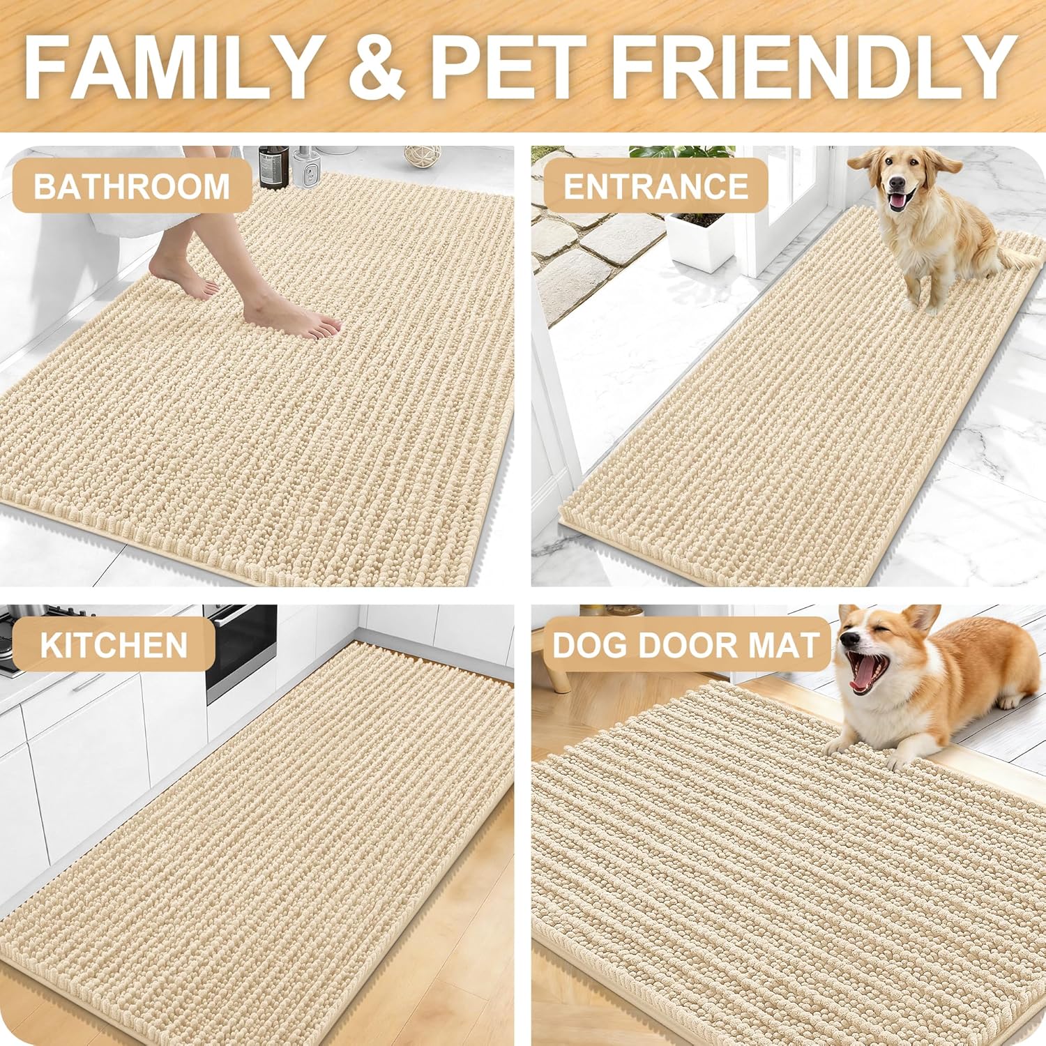 Thumbnail 6 de OLANLY Long Bathroom Rugs Runner (47x20) Chenille Bath Mat in Beige