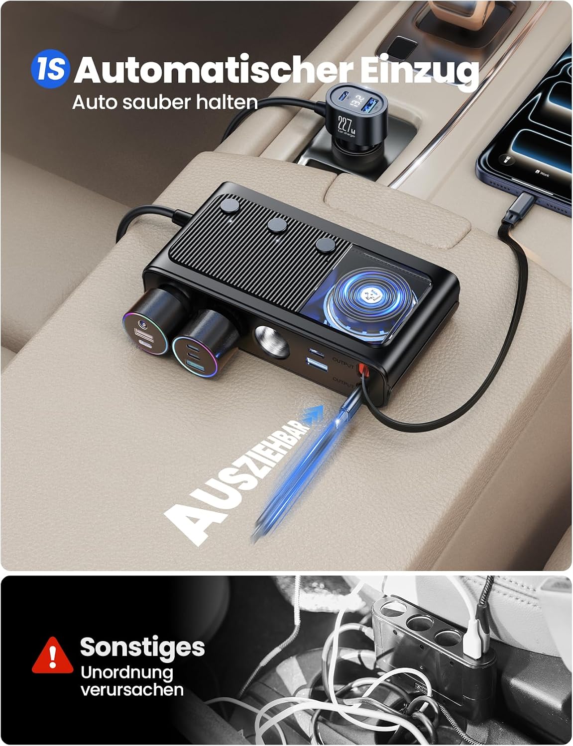Detalle de JOYROOM 227W Zigarettenanzünder Verteiler 9-in-1 mit 80-cm einziehbarem 45W USB-C & LED-Spannungsanzeige