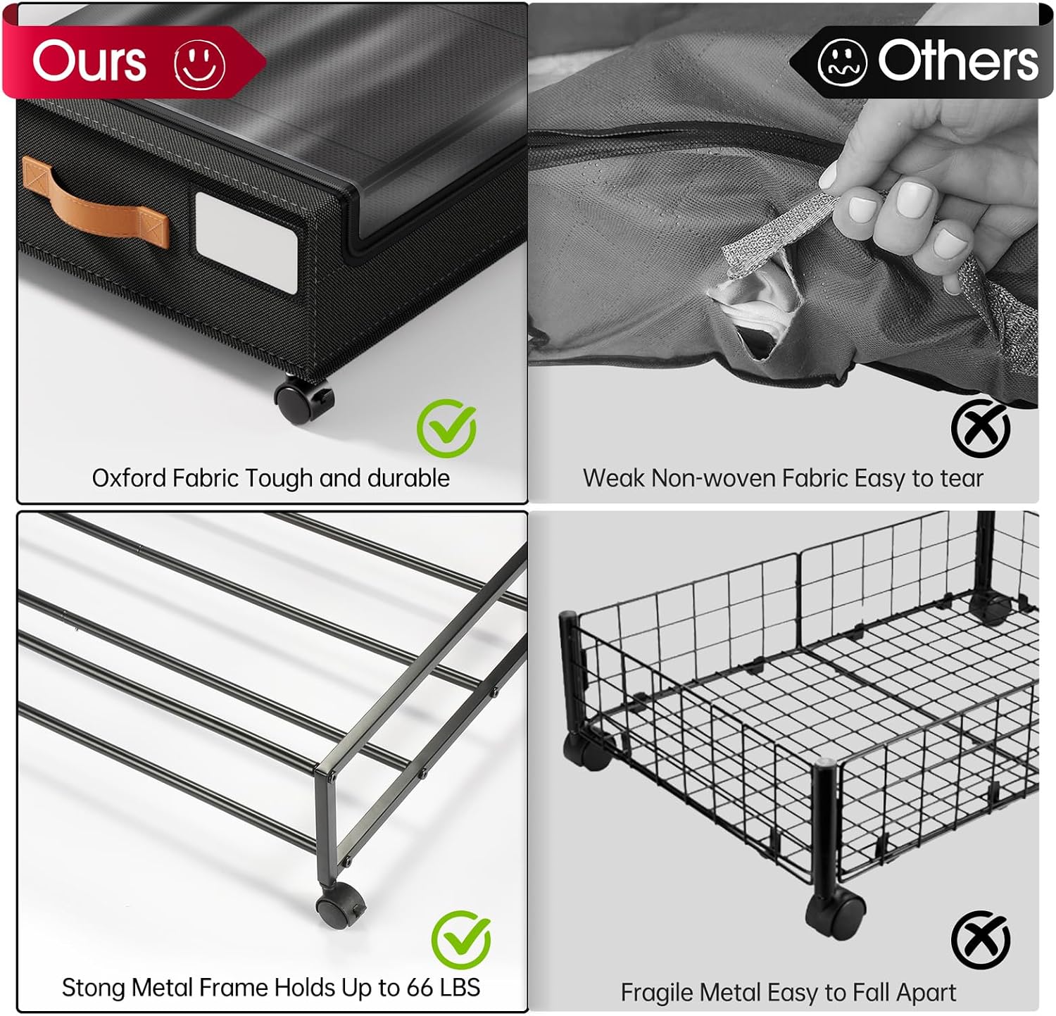 Detalle de Yecaye 4-Pack Under-Bed Storage with Wheels, Clear Window and 66 lb Capacity