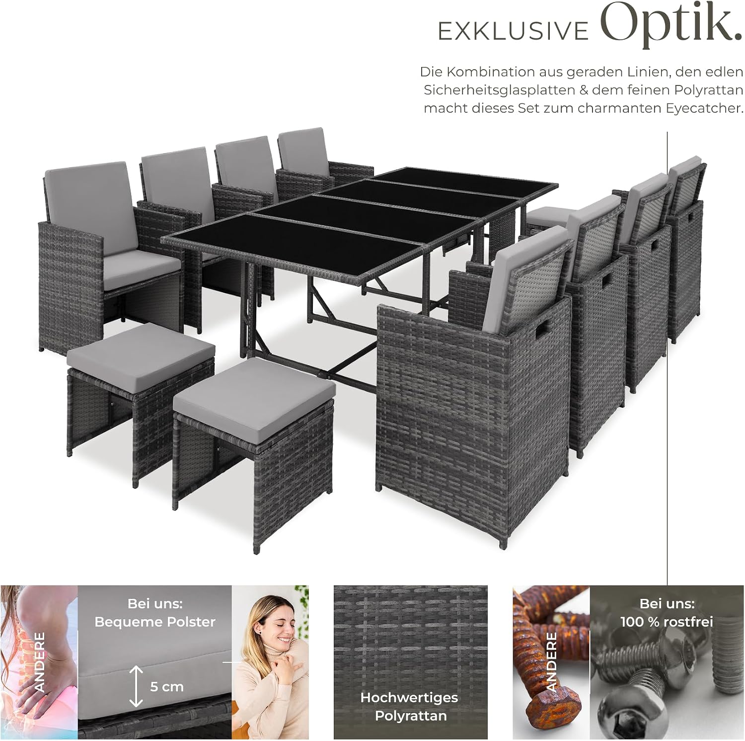 Detalle de tectake Gartenlounge Set mit Polyrattan: 8 Stühle + 4 Hocker + 1 Tisch (8+4+1), grau/hellgrau