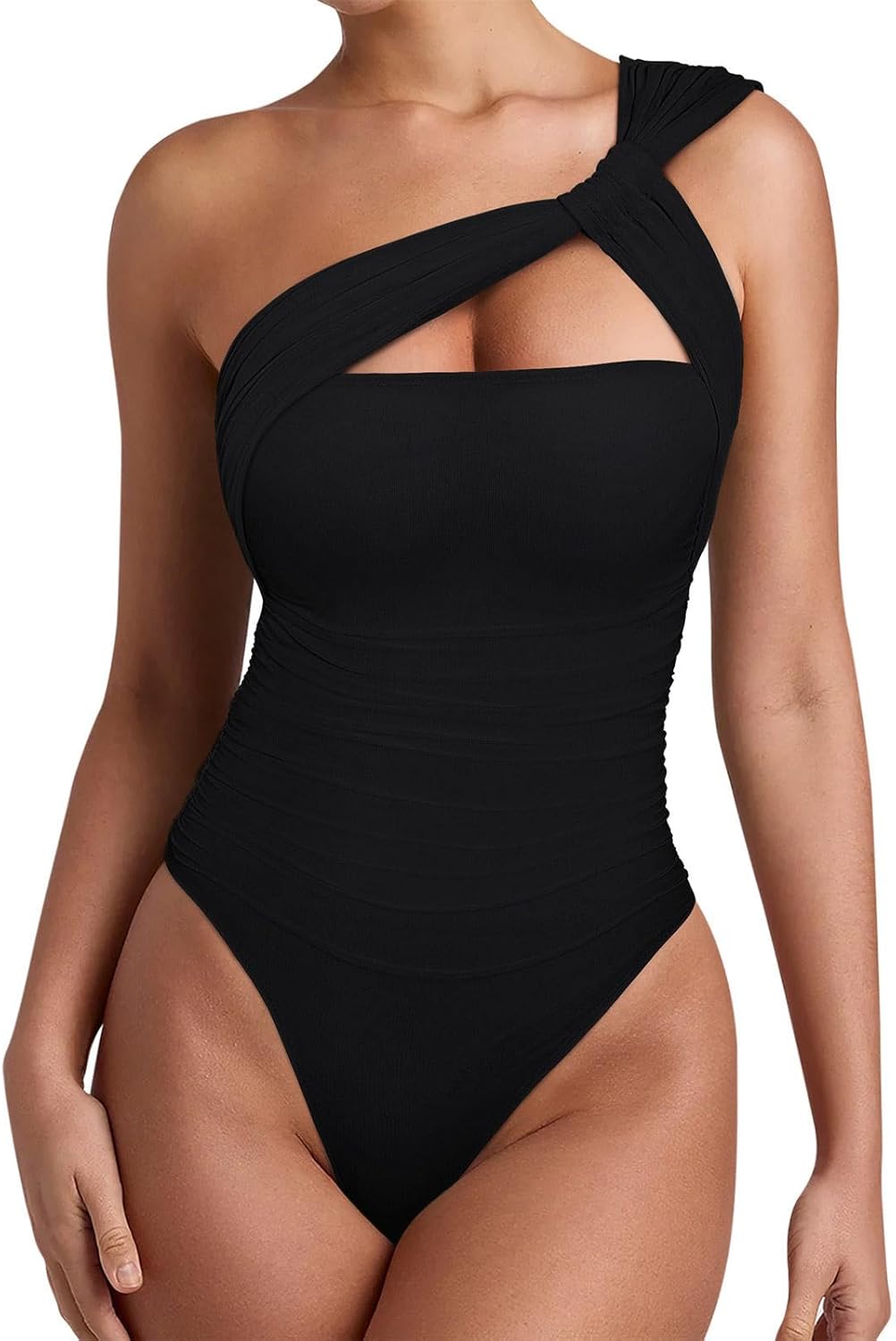 Thumbnail 1 de REORIA Womens Sexy One Shoulder Asymmetrical Leopard Mesh Ruched Backless Bodysuit