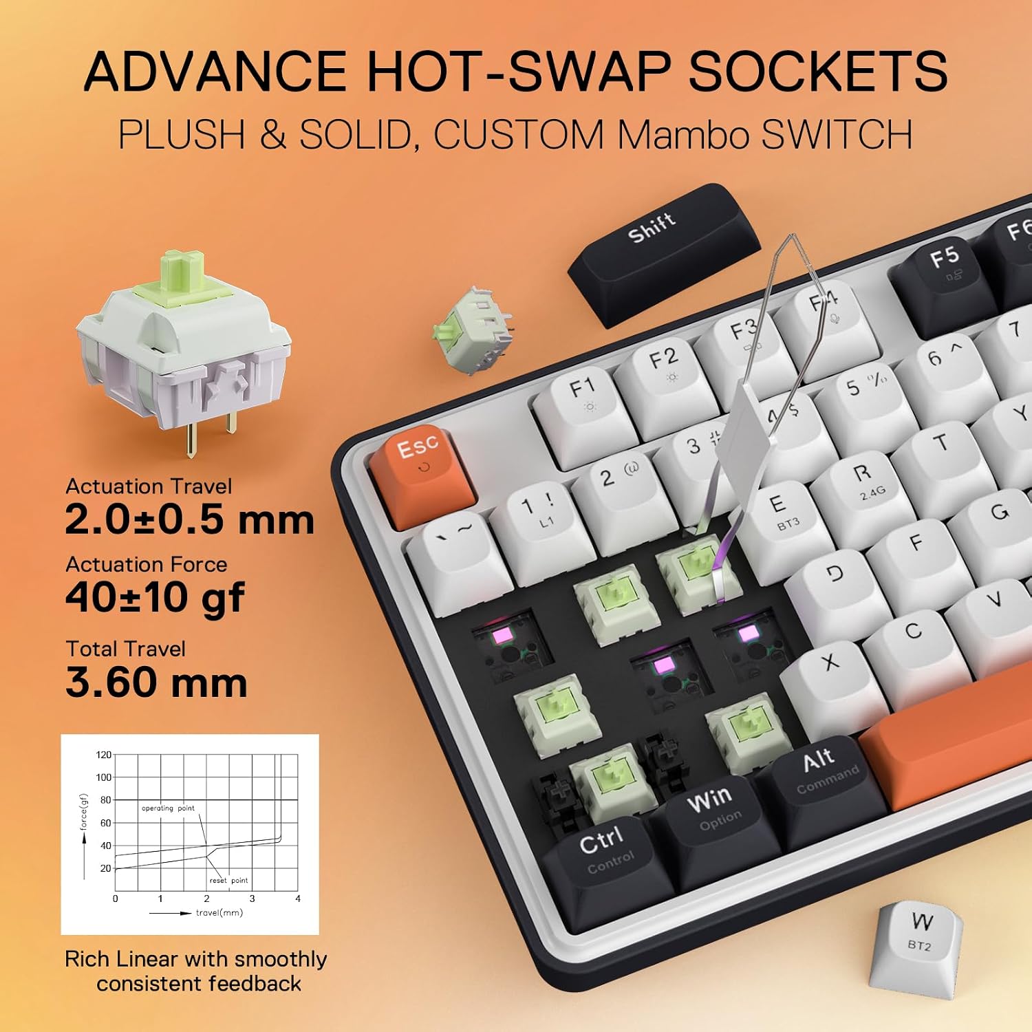 Detalle de Redragon K689 PRO kabellose RGB-Gaming-Tastatur (104 Tasten + 4 Hotkeys) mit Hot-Swap und PBT-Tastenkappen