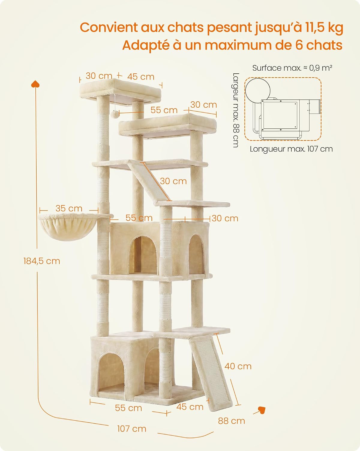 Thumbnail 6 de Feandrea Arbre à Chat Haut 184,5 cm — Grandité et stabilité pour chats d’intérieur