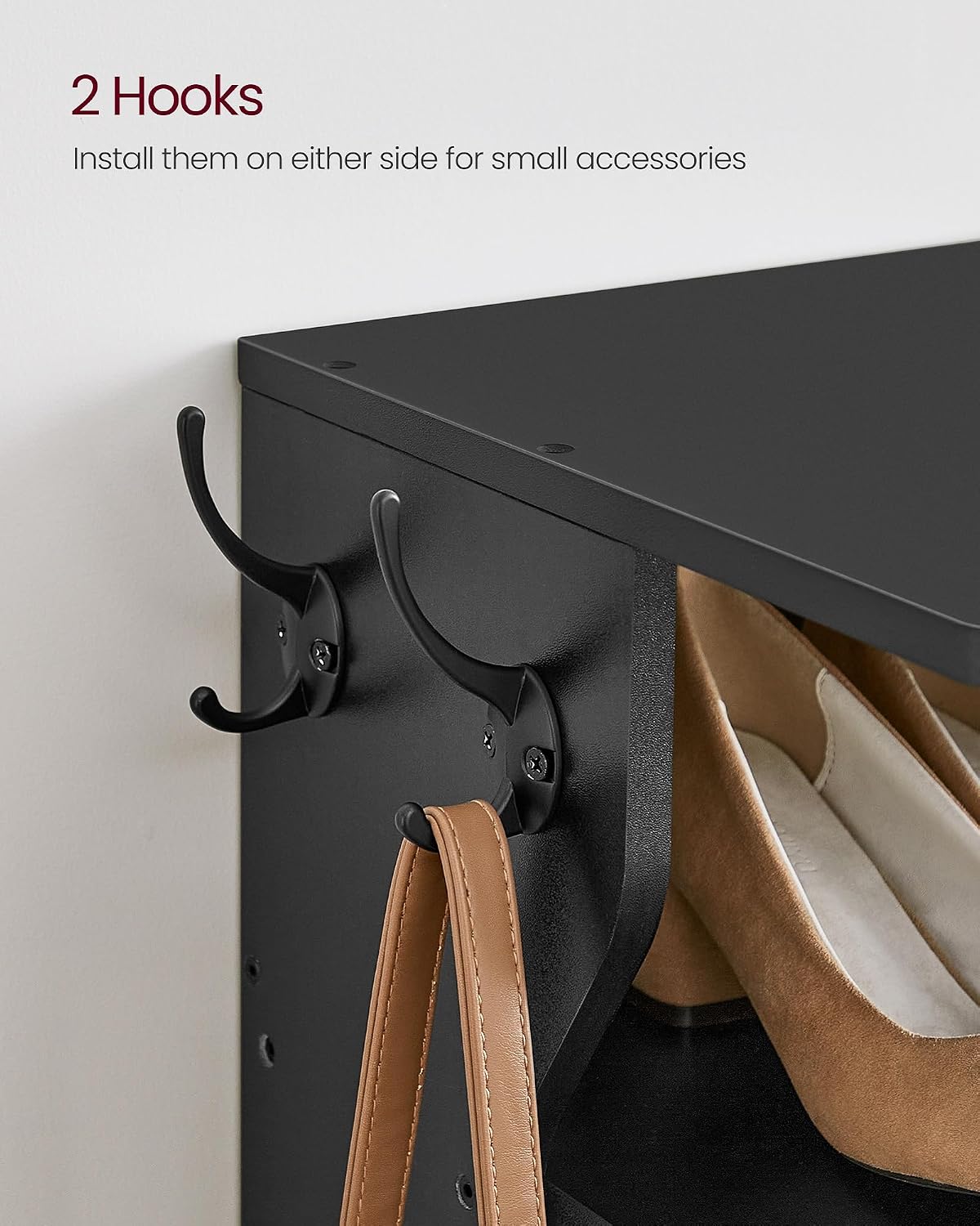 Detalle de VASAGLE LBS200T16 Slim Shoe Rack, Black Engineered Wood Stand with Hooks