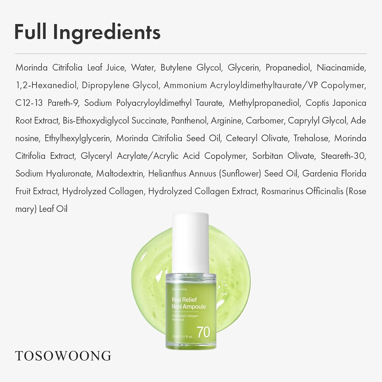 Detalle de TOSOWOONG Ampolla Real Relief Noni – 33 ml, idratante con succo di foglie di Noni al 70%