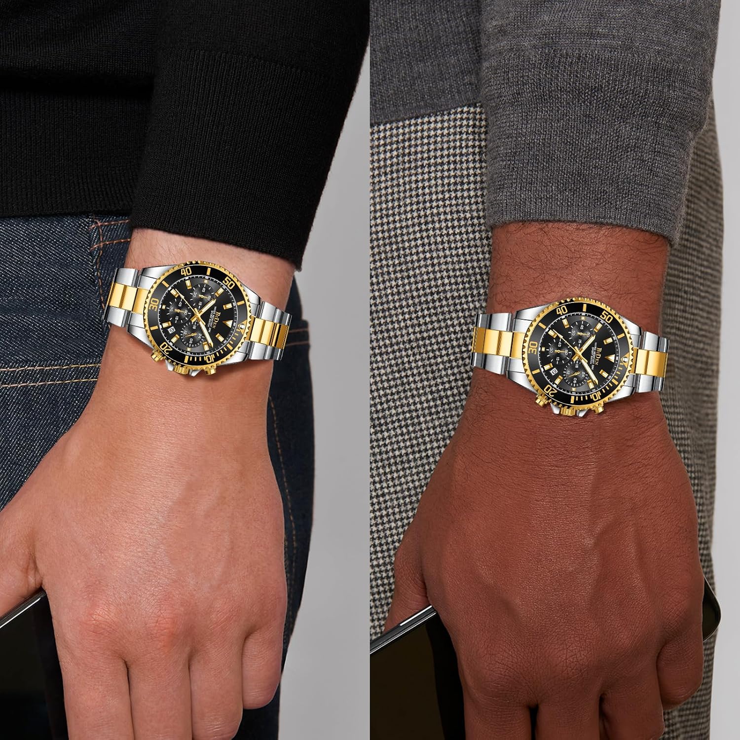 Detalle de HANPOSH Herren Chronographen-Uhr aus Edelstahl mit Quarzwerk, Datum und 3ATM Wasserschutz