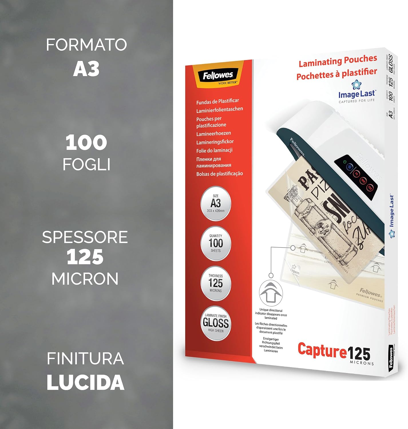 Detalle de Fellowes Pouches A3 250 µm con ImageLast – confezione da 100 pezzi, finitura lucida