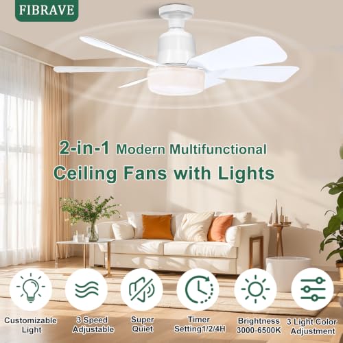 Detalle de FIBRAVE Ceiling Fan with Lights and Remote — 2026 LED 40W, 3 Speeds, 3-Color Light, White