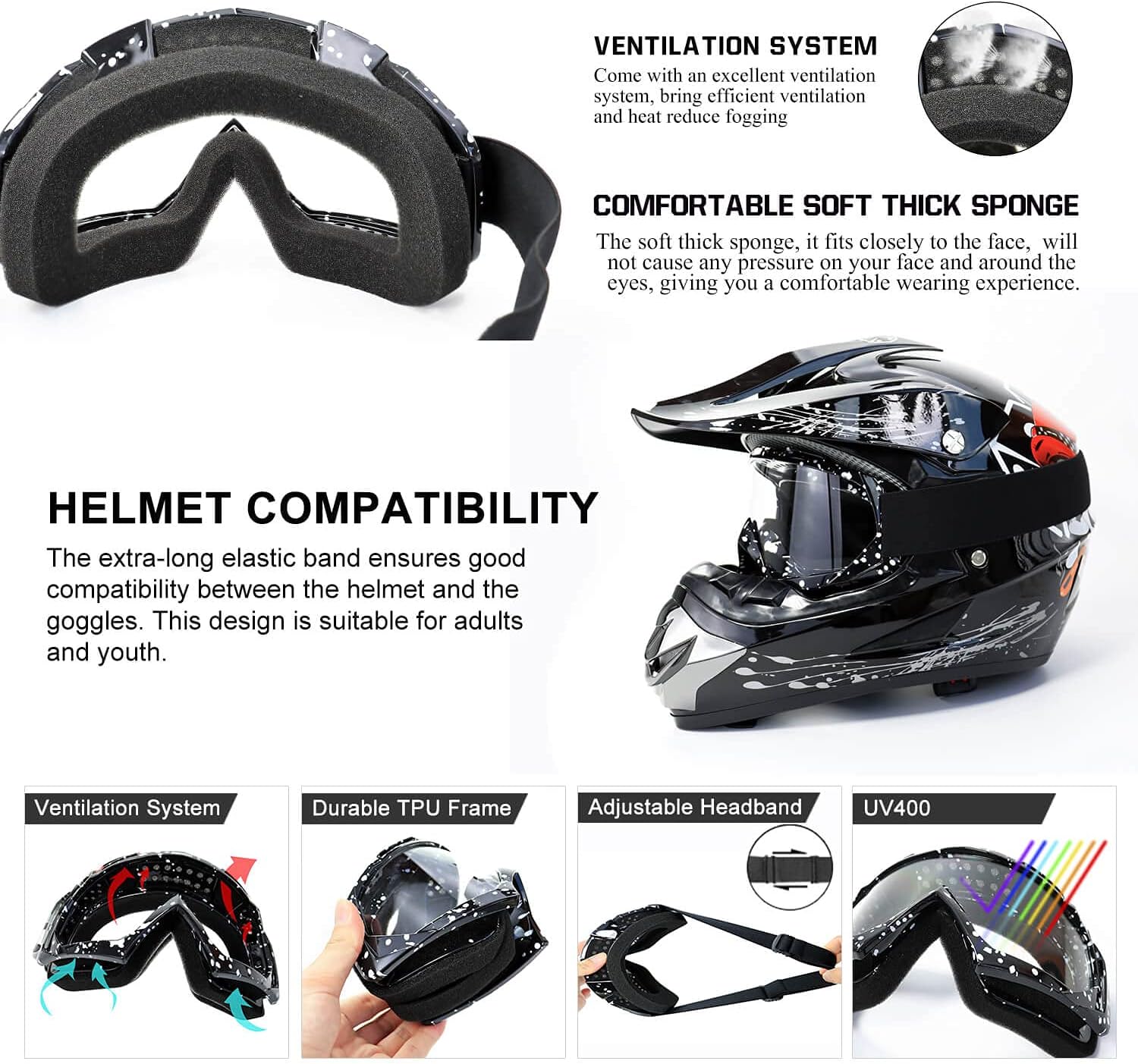 Detalle de FMY Motocross Goggles for Men, Women & Youth – Anti-scratch, Dustproof UV400 ATV/UTV & Dirt Bike Riding Glasses