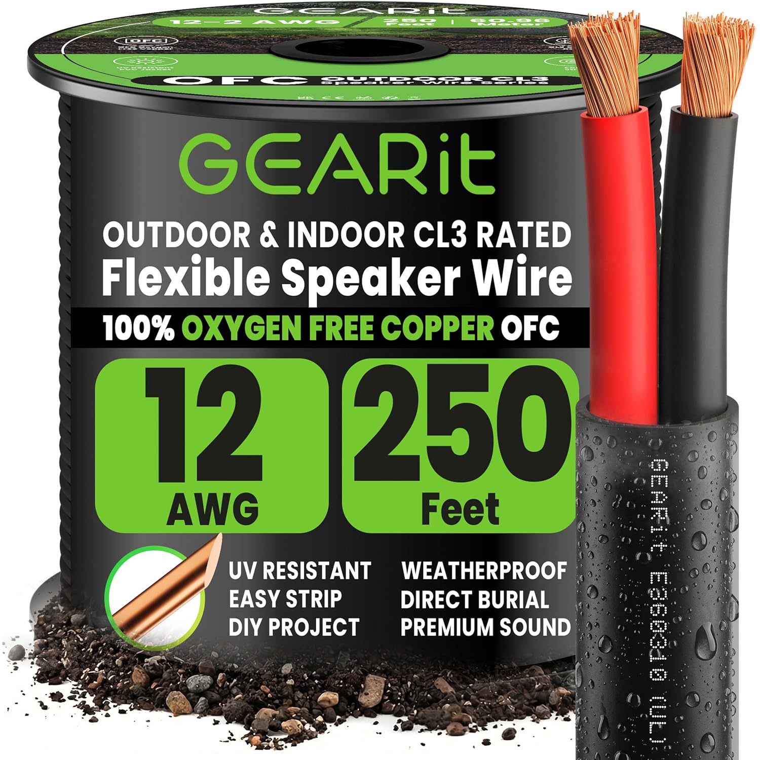Detalle de GEARit Speaker Wire 12 Gauge Copper, 250 ft – UL CL3 Rated, 2-Conductor OFC Audio Cable