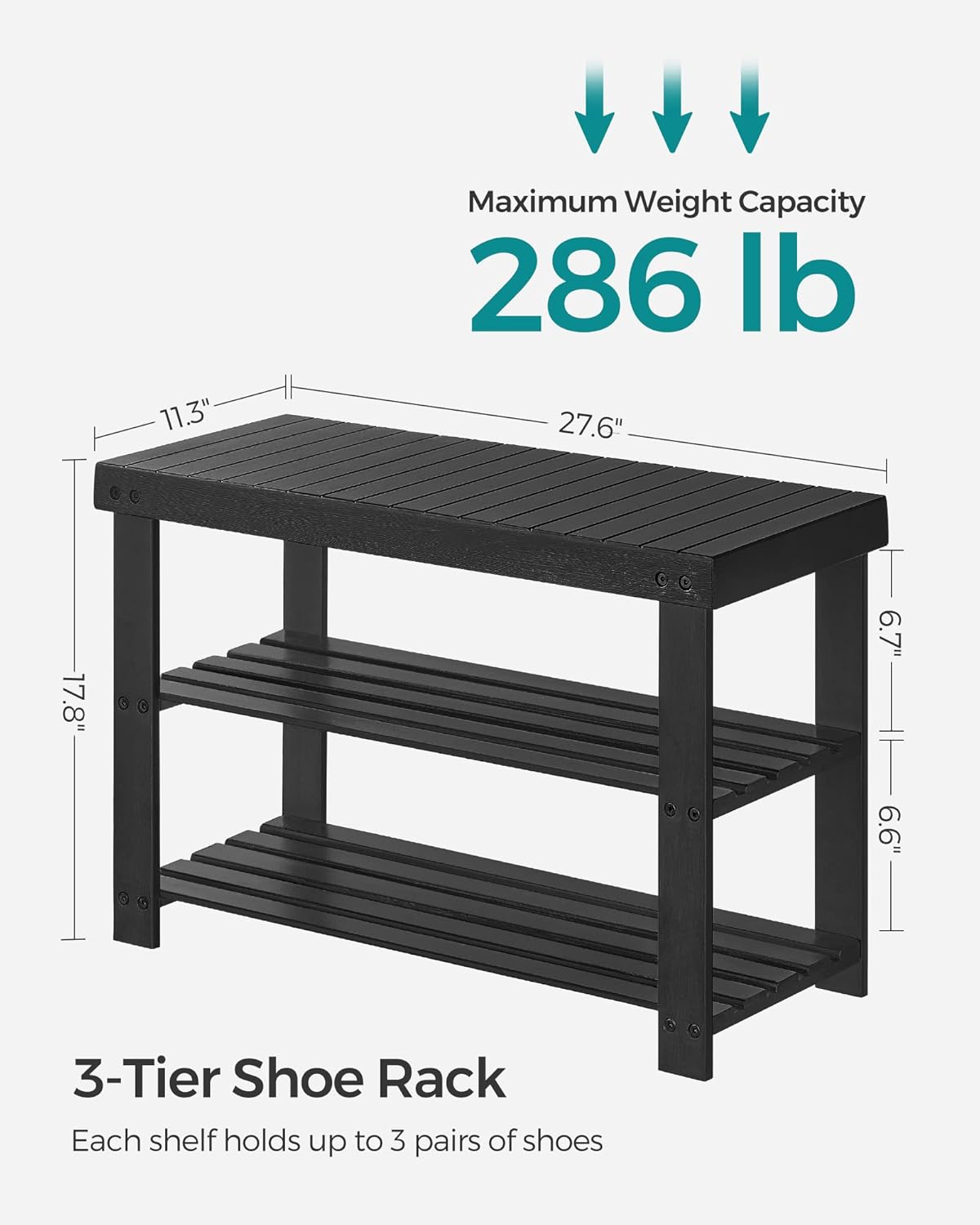 Detalle de SONGMICS Shoe Rack Bench (3-Tier Bamboo Shoe Storage Organizer) ULBS04H — Entryway bench for up to 286 lb