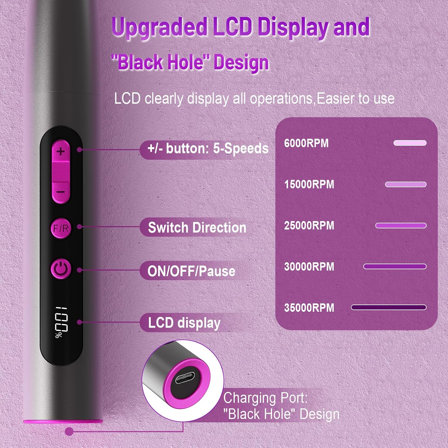 Detalle 1 de SnnyNyx SN-ND015 Cordless Electric Nail Drill, 35,000 RPM with LCD Display