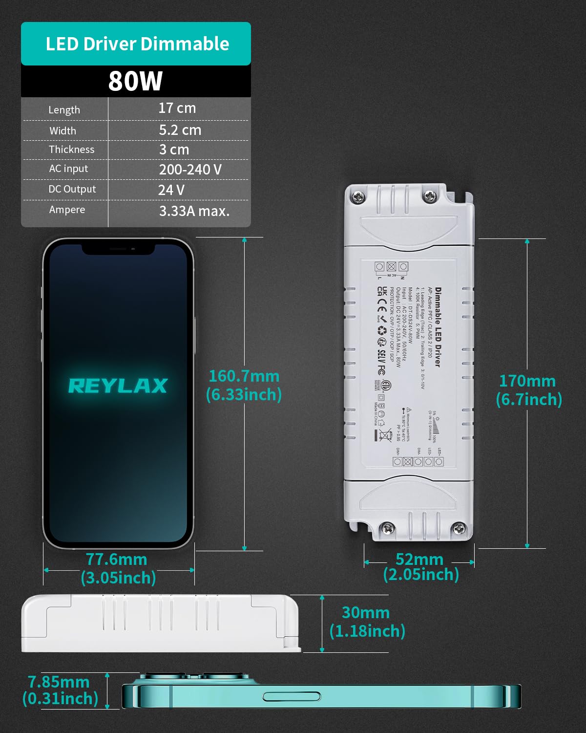 Detalle de REYLAX 24V Triac dimmable LED driver (80W, 3.33A) for constant voltage LED installations
