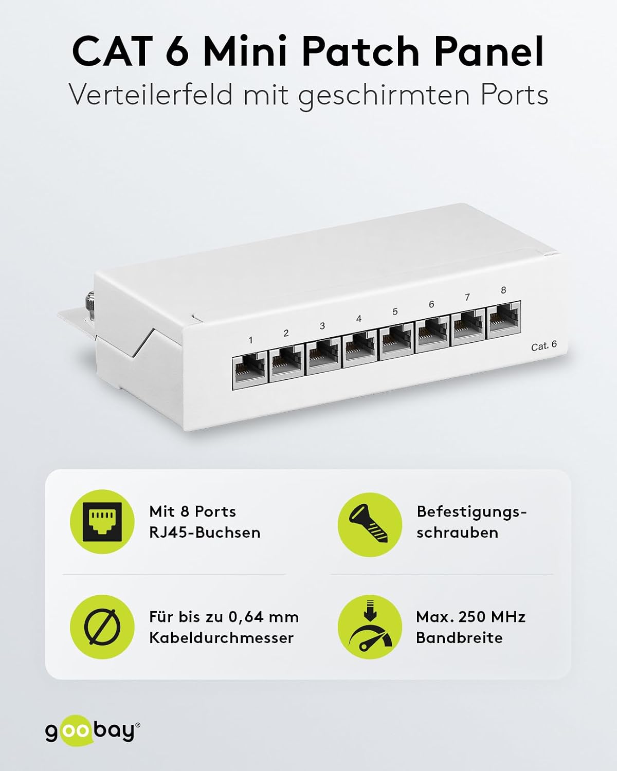 Detalle de Goobay 62069 CAT 6-patchpanel med 8 RJ45-portar, STP och 250 MHz