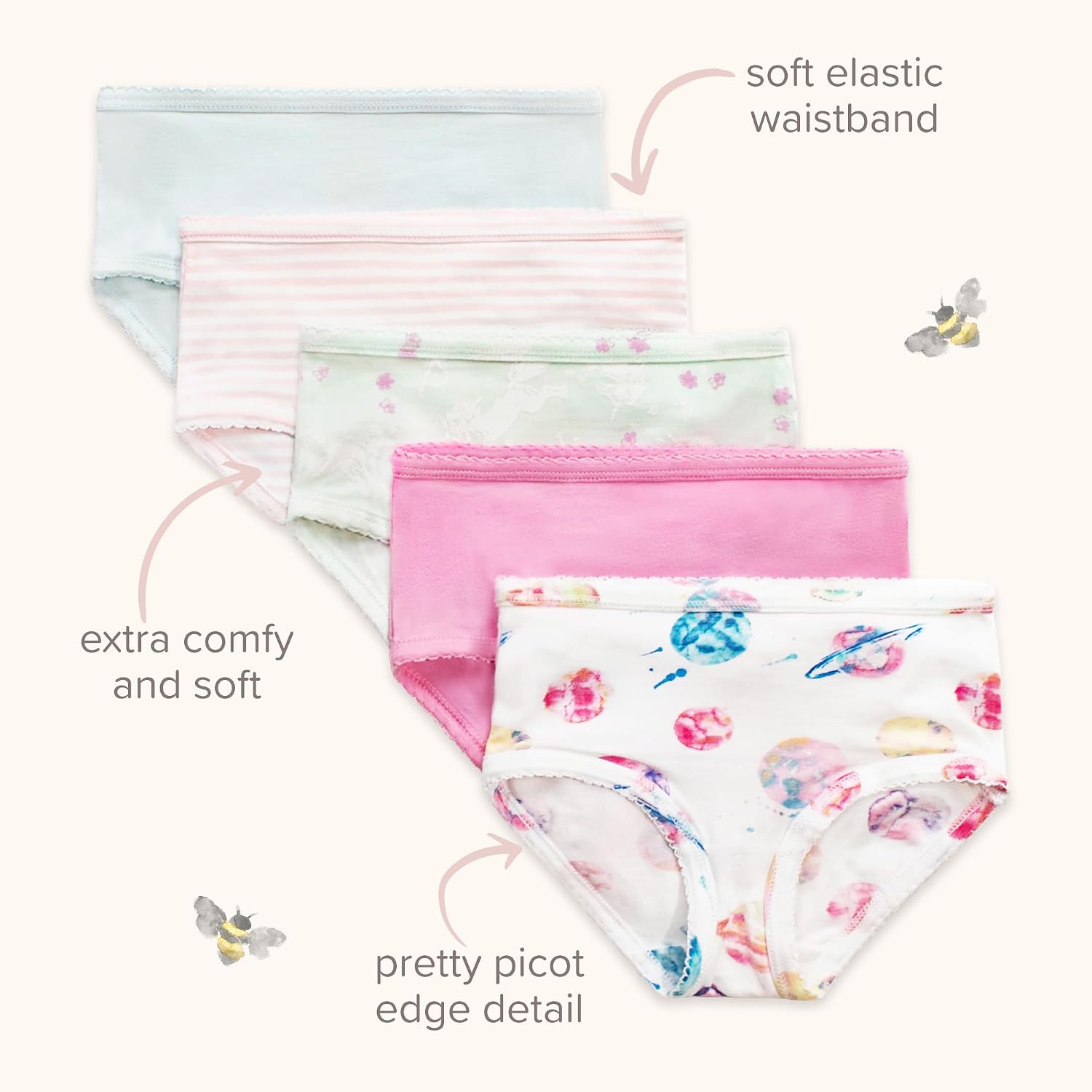 Detalle de Burt's Bees Baby Toddler Girls' Underwear Set of 5 (2T–8 Years) – Solids, Stripes, Prints