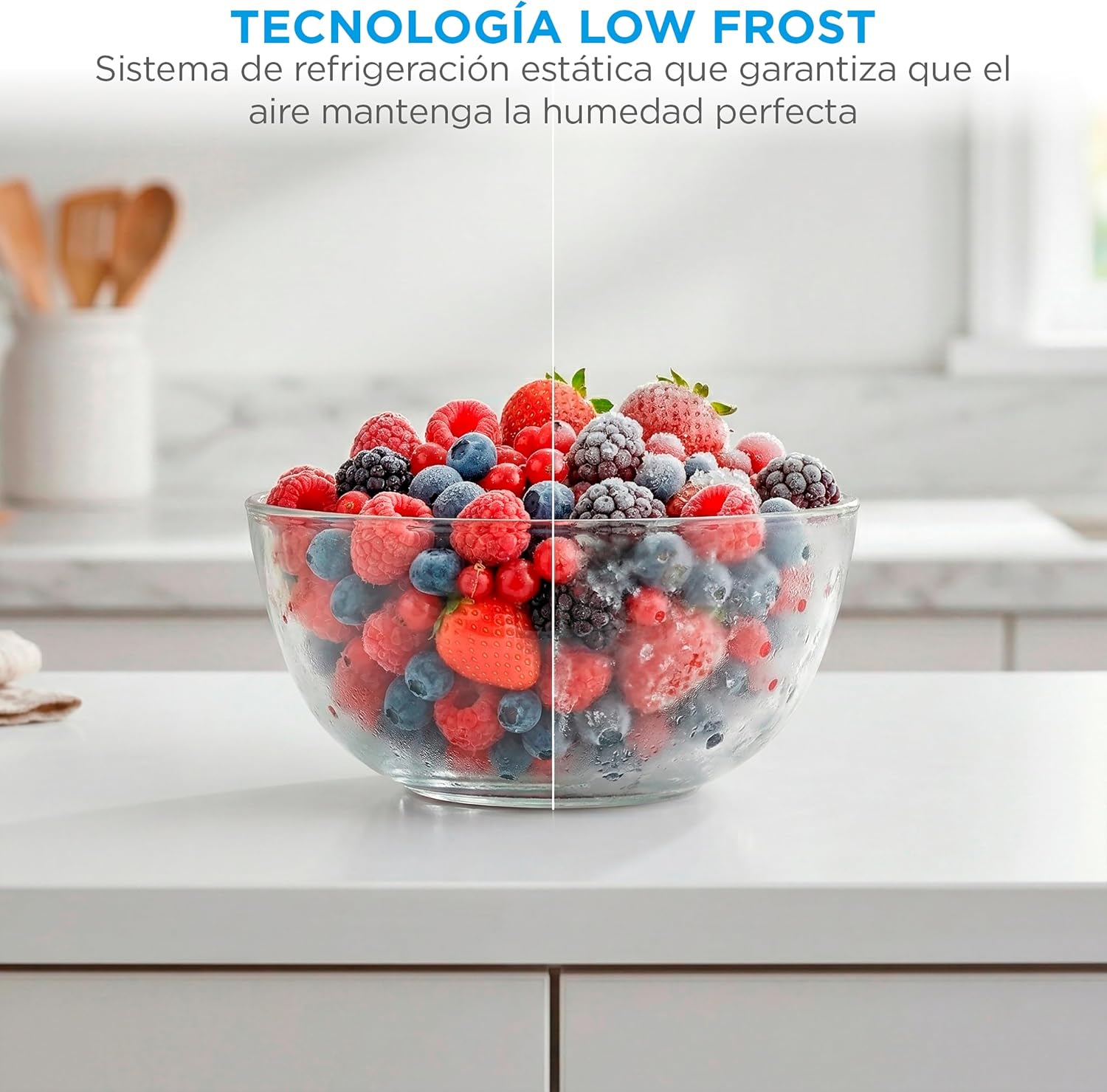 Detalle de Frigorífico Midea de 2 puertas 204 L con congelador Low Frost, 140 cm alto, acero inox