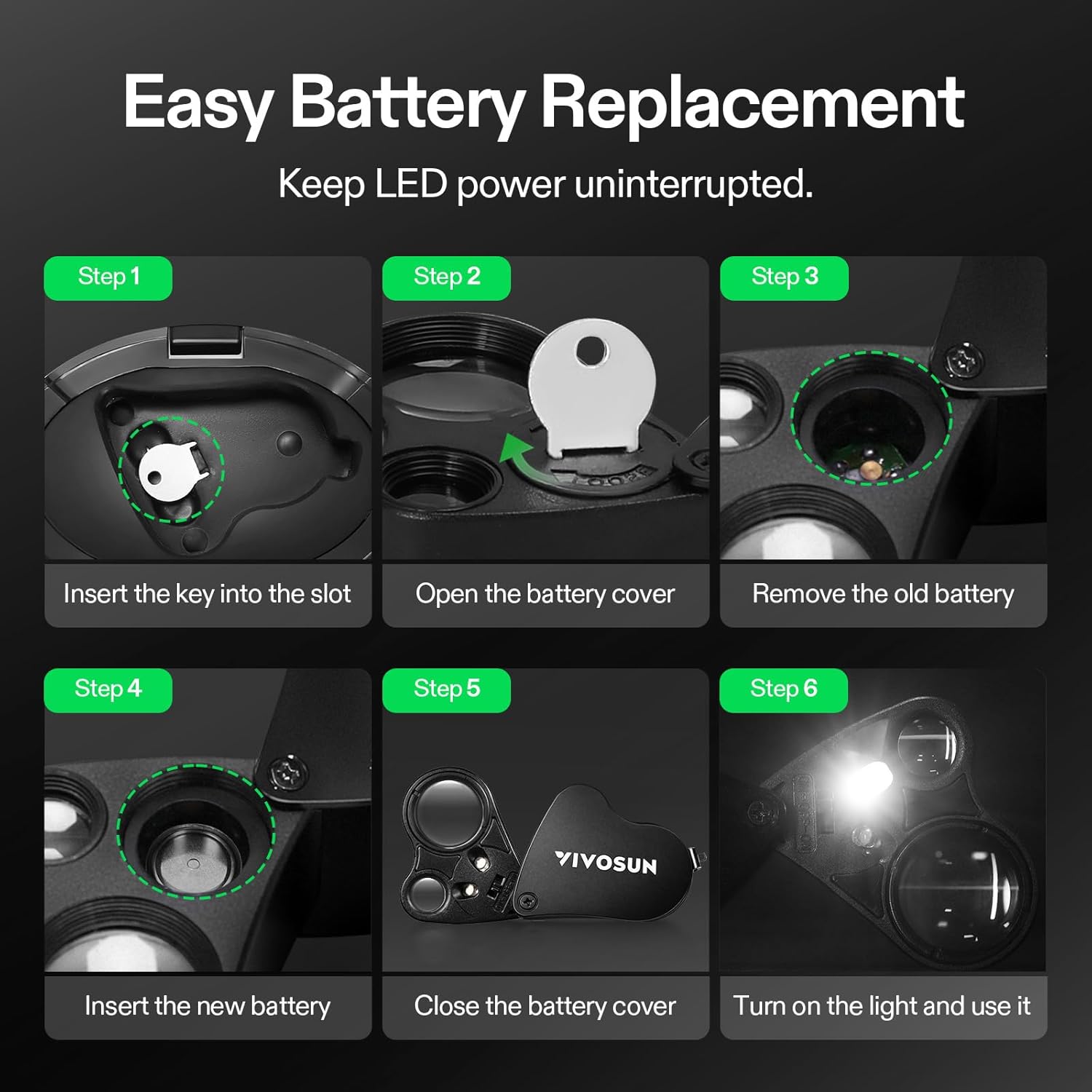 Detalle 2 de VIVOSUN Lente di Ingrandimento 30X / 60X con LED, Pieghevole in Alluminio – Per Gioielli, Diamanti, Monete e Collezionismo (Nero)