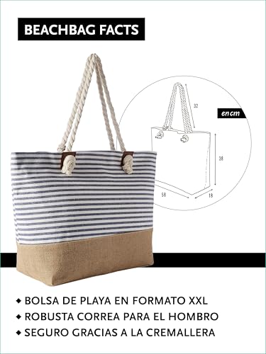 Detalle de DonDon Bolso de playa grande impermeable con cremallera — Rayas azul oscuro