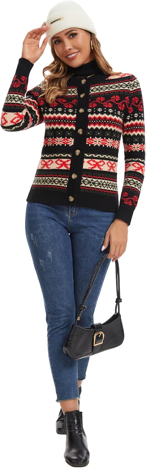 Detalle de Enjyam Damen Strickjacke Elegant Langarm Rundhals Cardigan – Norweger Muster, Weiche Viskosemischung