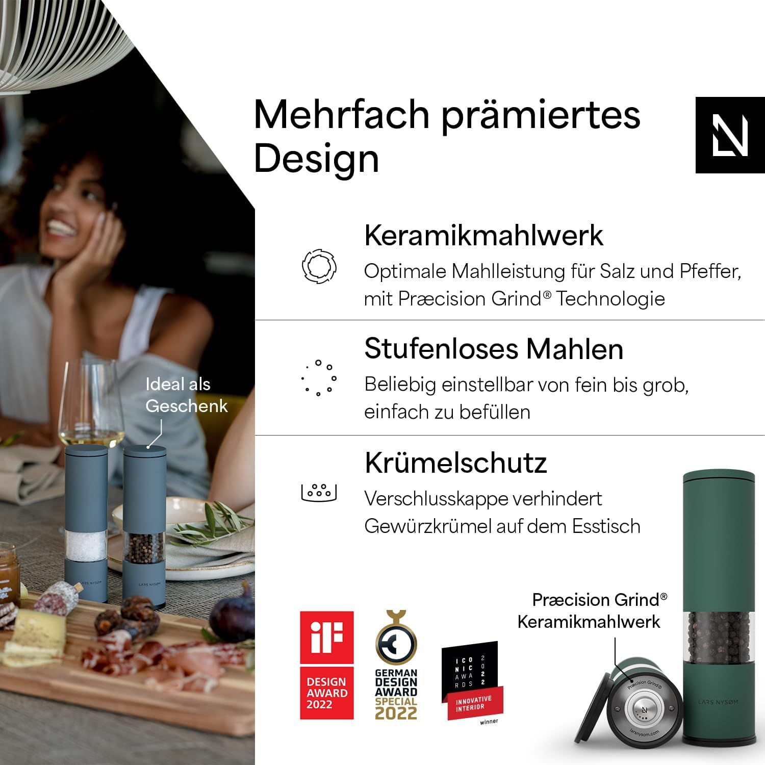 Thumbnail 1 de LARS NYSØM Salz- & Pfeffermühle Set „Lagom“ manuell, Keramikmahlwerk (2-teilig) in Pine Green