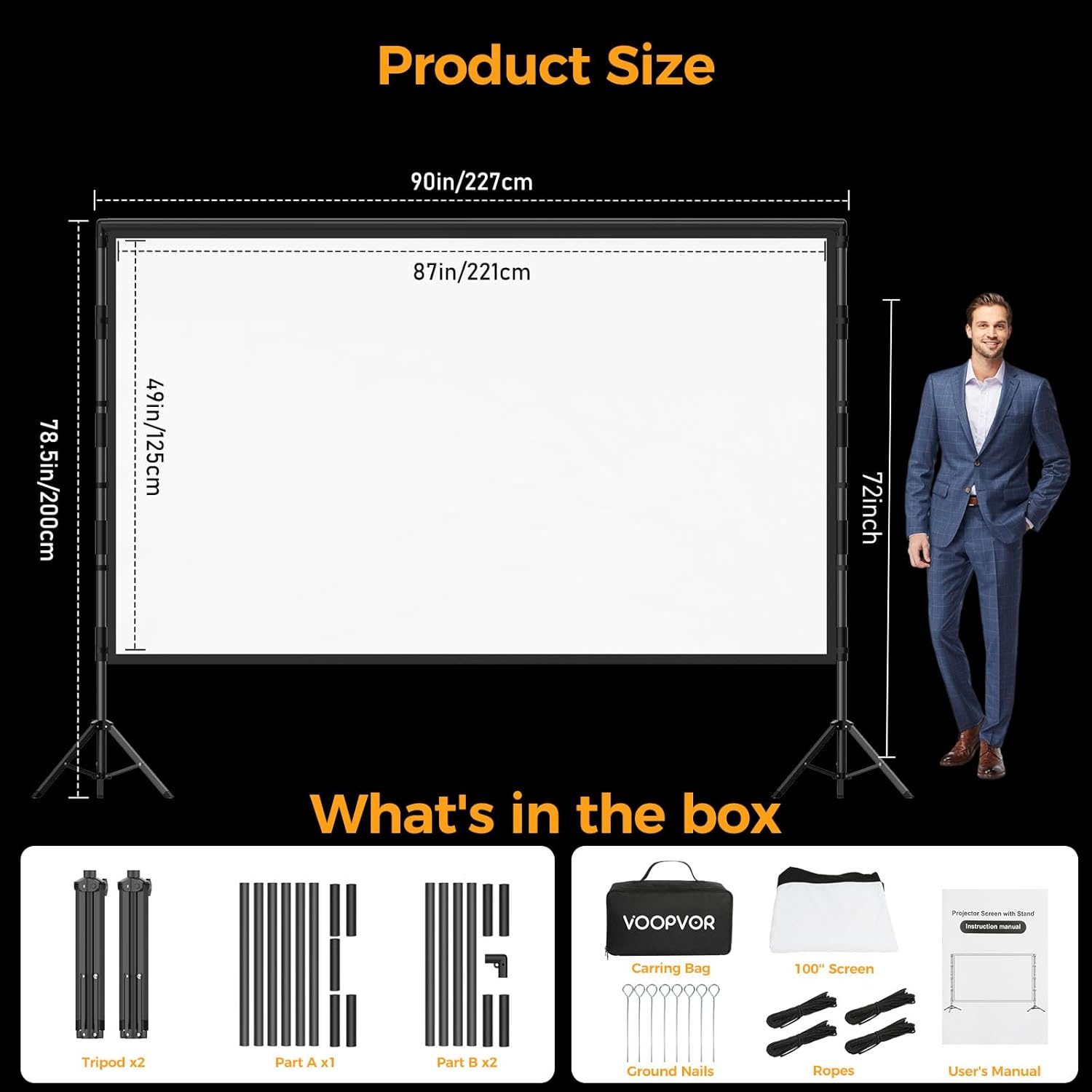 Detalle de VOOPVOR 100-inch Outdoor Projector Screen with Stand — Portable 16:9, Wrinkle-Free, 4K HD Ready