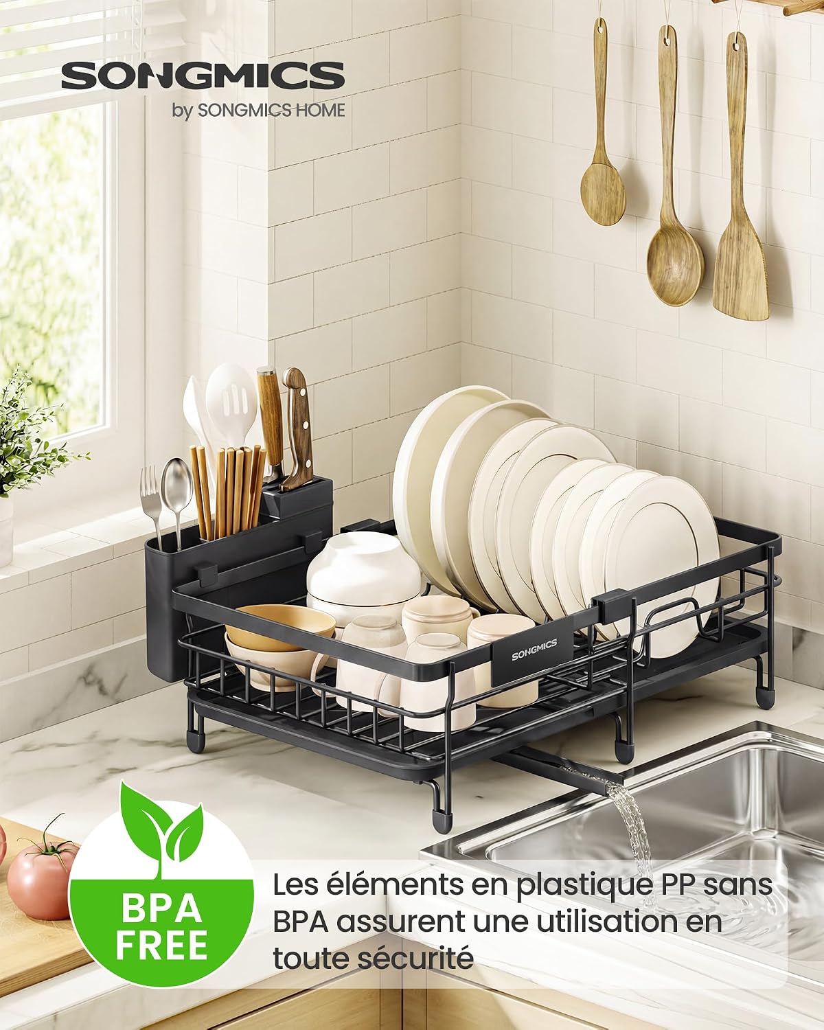 Detalle de SONGMICS Égouttoir à Vaisselle Extensible pour Petit Espace – Grande Capacité, Bec Rotatif 360°