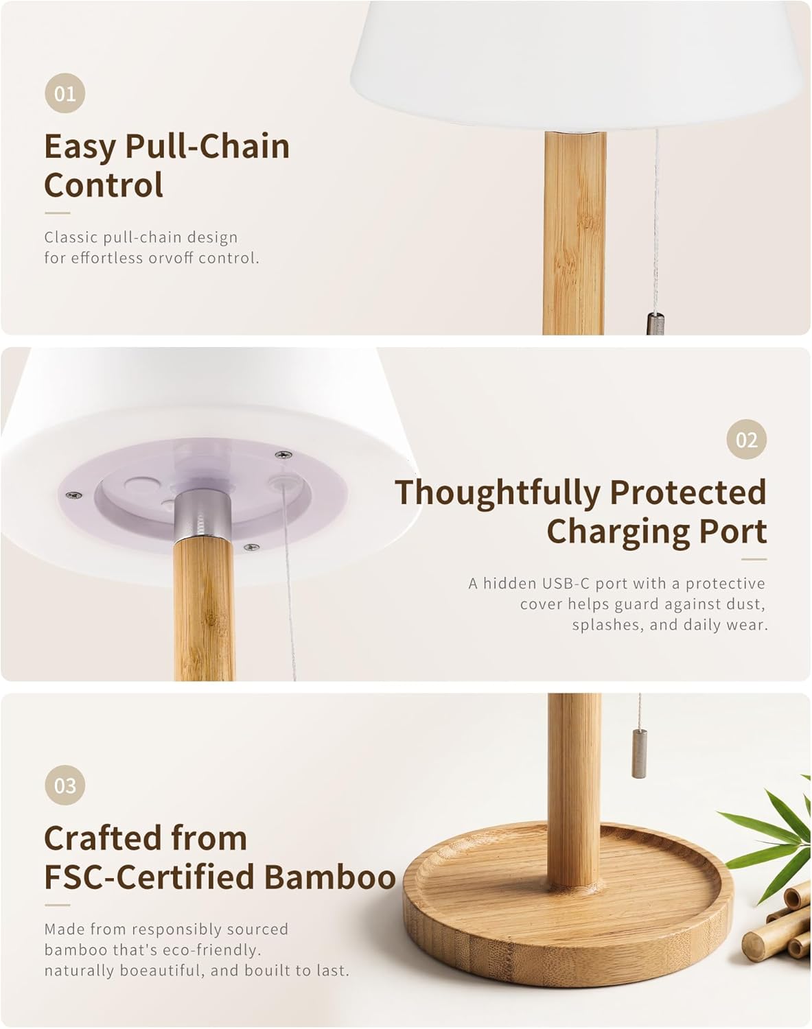 Thumbnail 3 de LuminexDesigns Rechargeable LED Table Lamp – Bamboo, Cordless with Pull-Chain, 3 Colour Temperatures (3000K-6000K)