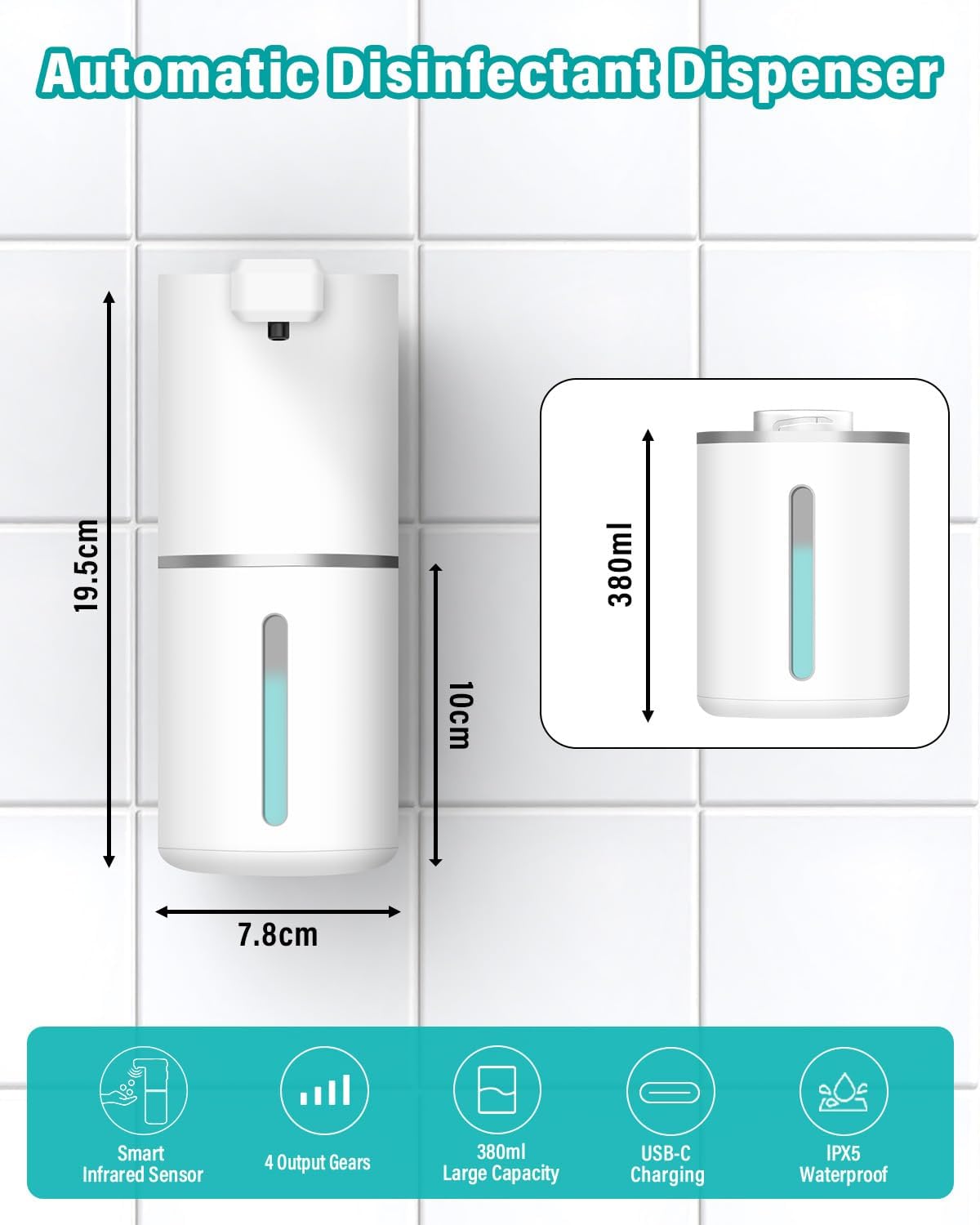 Thumbnail 1 de Dalugo Automatic Soap Dispenser, 380mL – Wall Mounted, IPX5, USB rechargeable with 4 dispensing levels