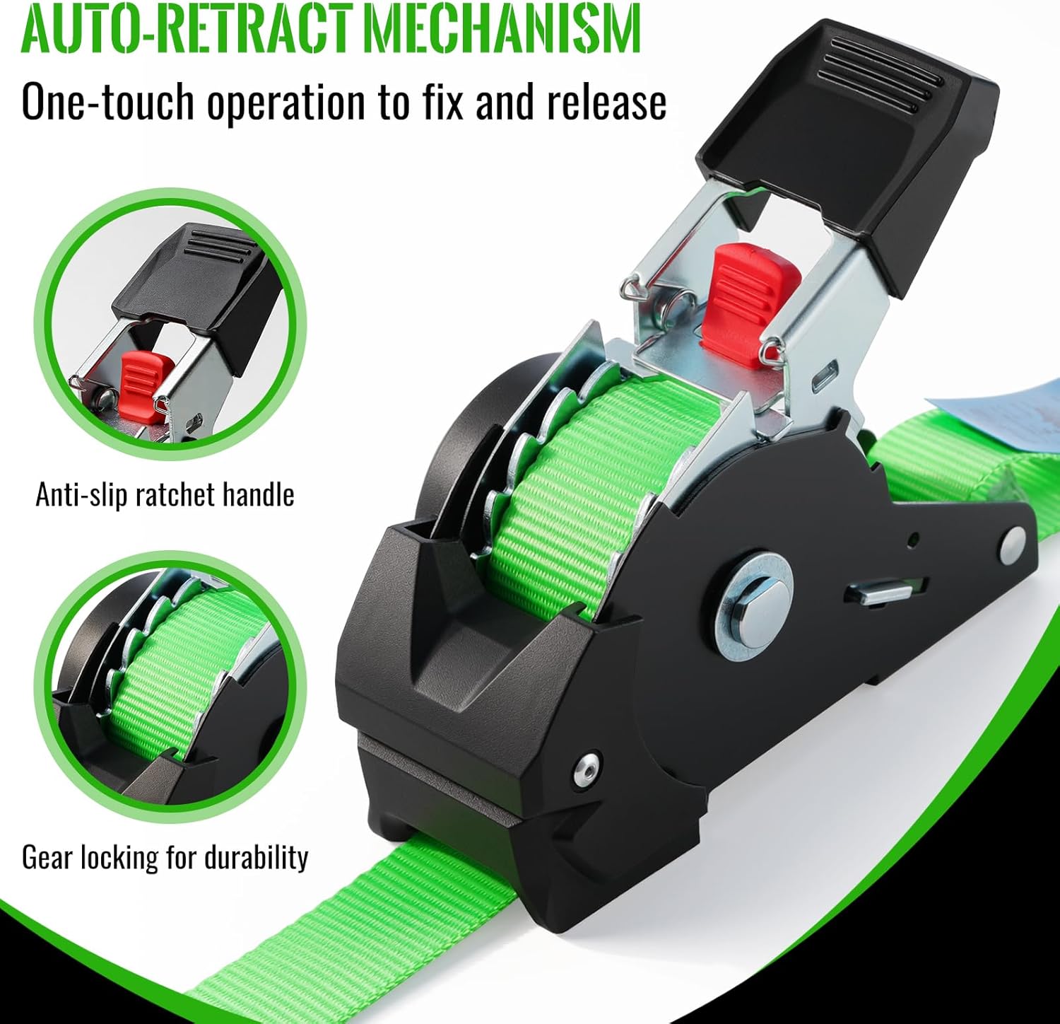 Thumbnail 3 de TLGREEN Automatik Spanngurt 2 Stück – 3 m x 25 mm, Selbstaufrollende Zurrgurte mit S-Haken (750 kg), grün