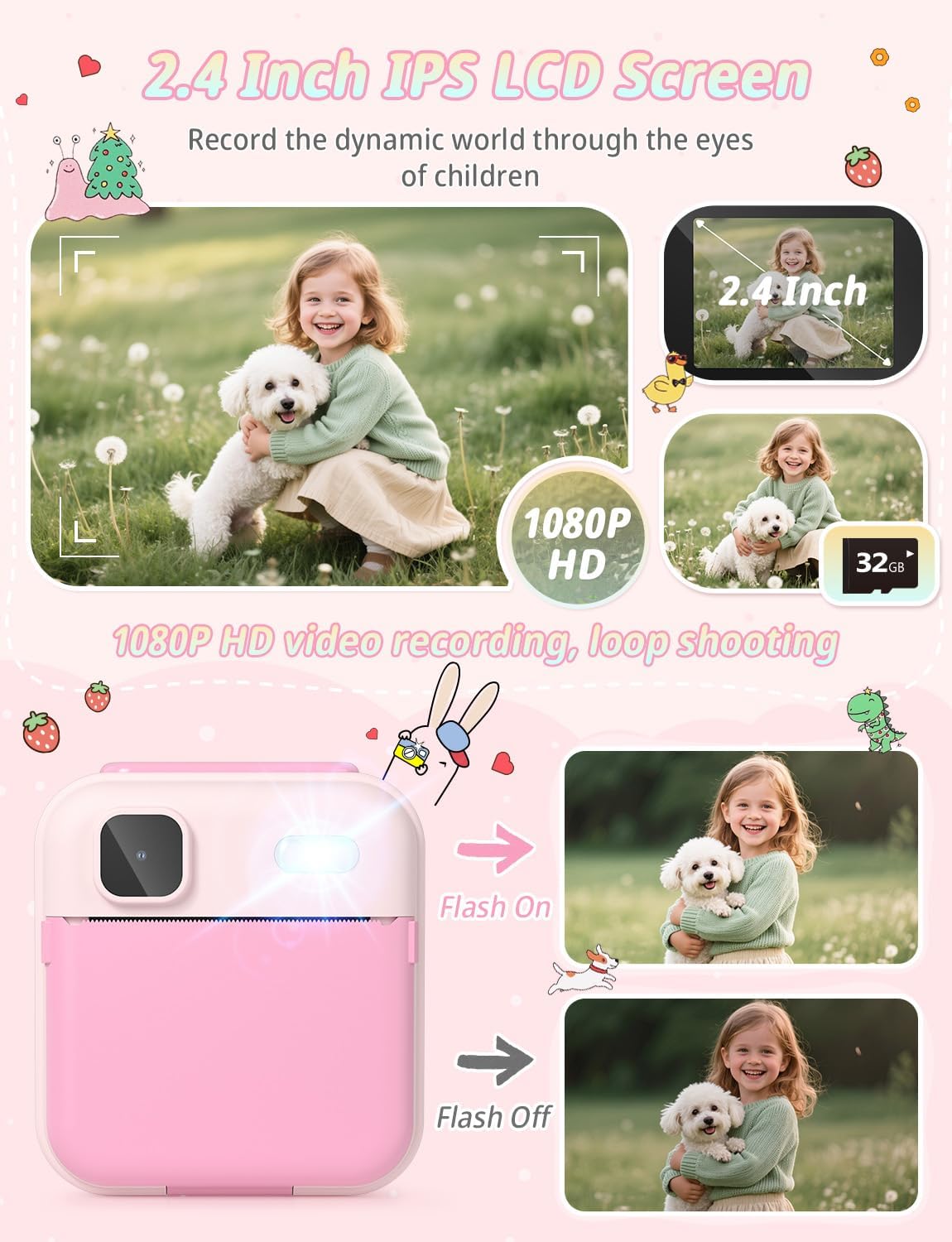 Thumbnail 6 de YOHOOLYO Kids Camera Instant Print: 32GB, 3 Paper Rolls, 2.4" Display, 1080P Video – Pink