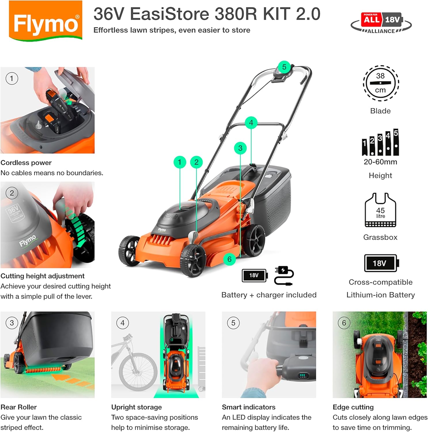 Thumbnail 1 de Flymo 36V EasiStore 380R Cordless Lawnmower Kit (38cm) with Power4All batteries and charger