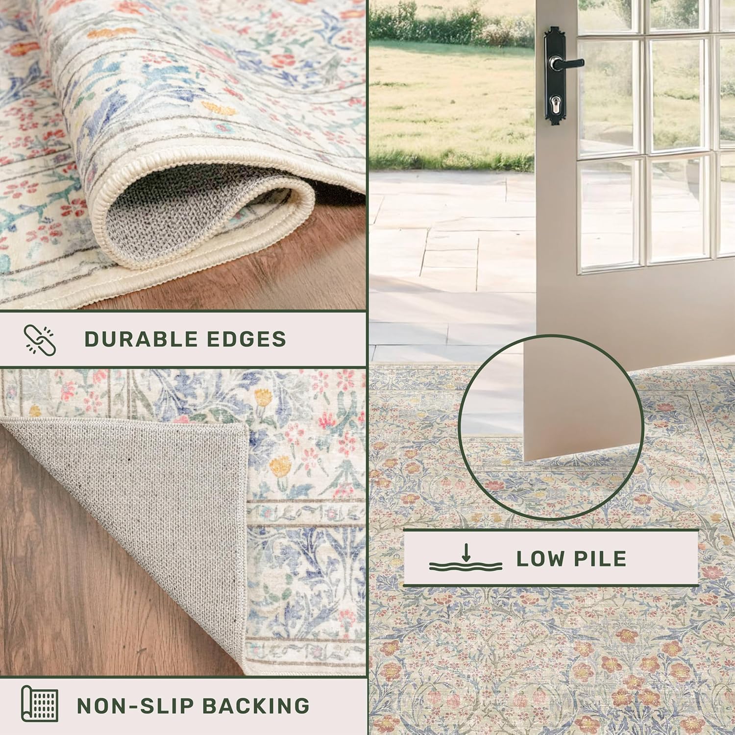 Thumbnail 6 de Washable Light Blue Bedroom Rug, 9x12 – Vintage Floral Design with Non-Slip Backing