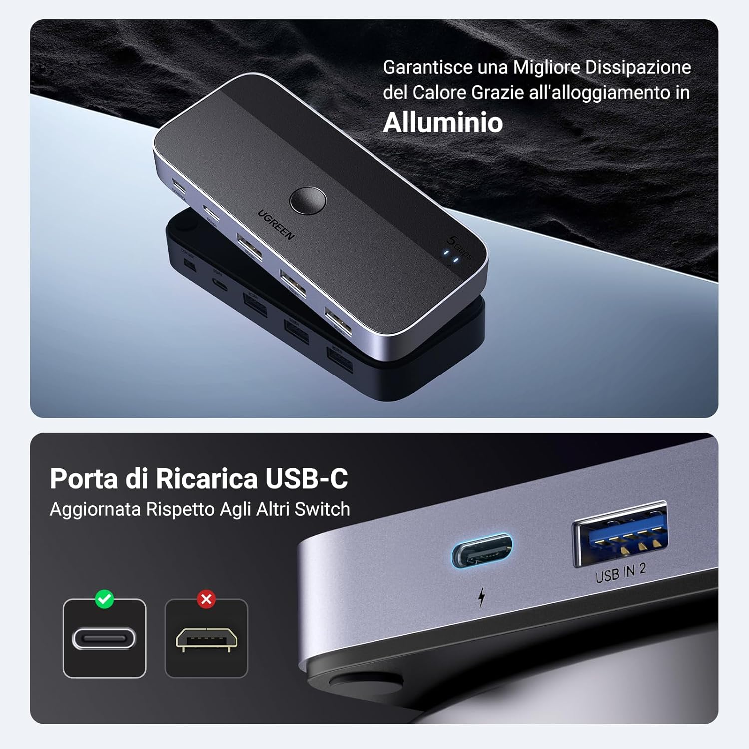 Thumbnail 5 de UGREEN Switch KVM USB 3.0 a 4 Porte per 2 PC – 2 In/4 Out, 5 Gbps, con 2 Cavi inclusi