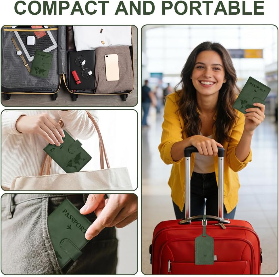Thumbnail 6 de OFFCUP Passport Holder Cover with RFID Blocking and Luggage Tag Set (Green)