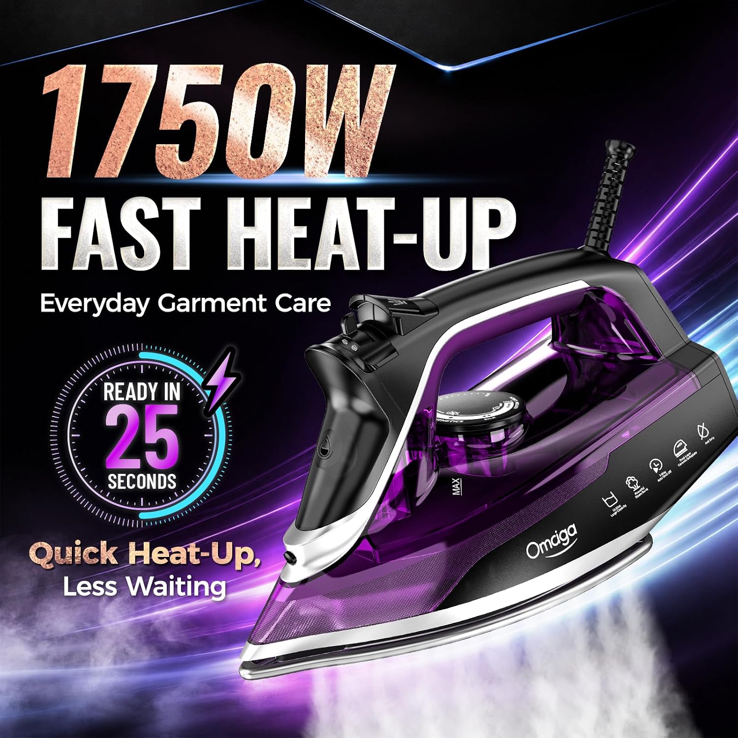 Detalle de OMAIGA 1750W Steam Iron with Dual-Ceramic Soleplate, Steam Burst and 13.5 fl oz Tank