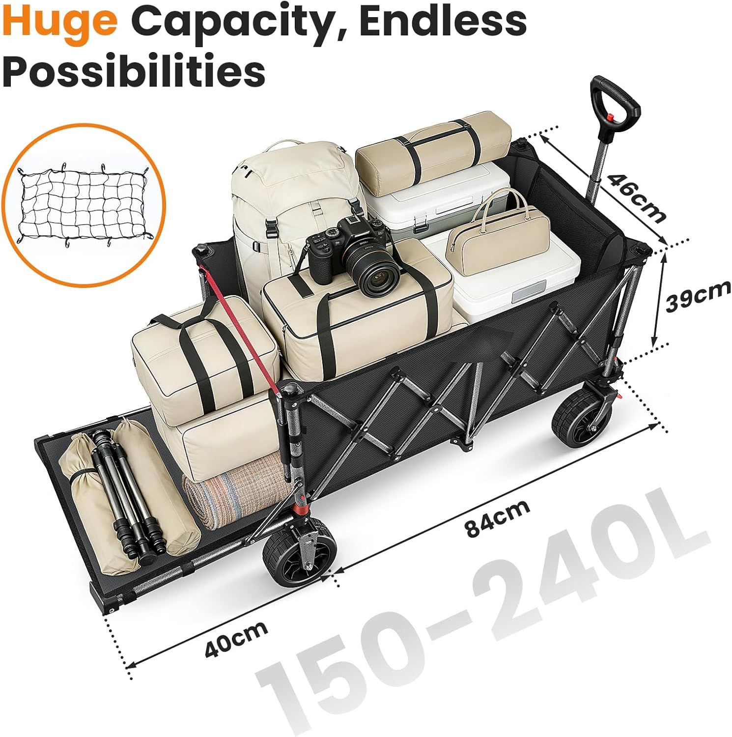 Detalle 1 de YEAUPE PRO Carrello pieghevole con ruote grandi e doppi freni, capacità 150–240 L, pannello posteriore apribile