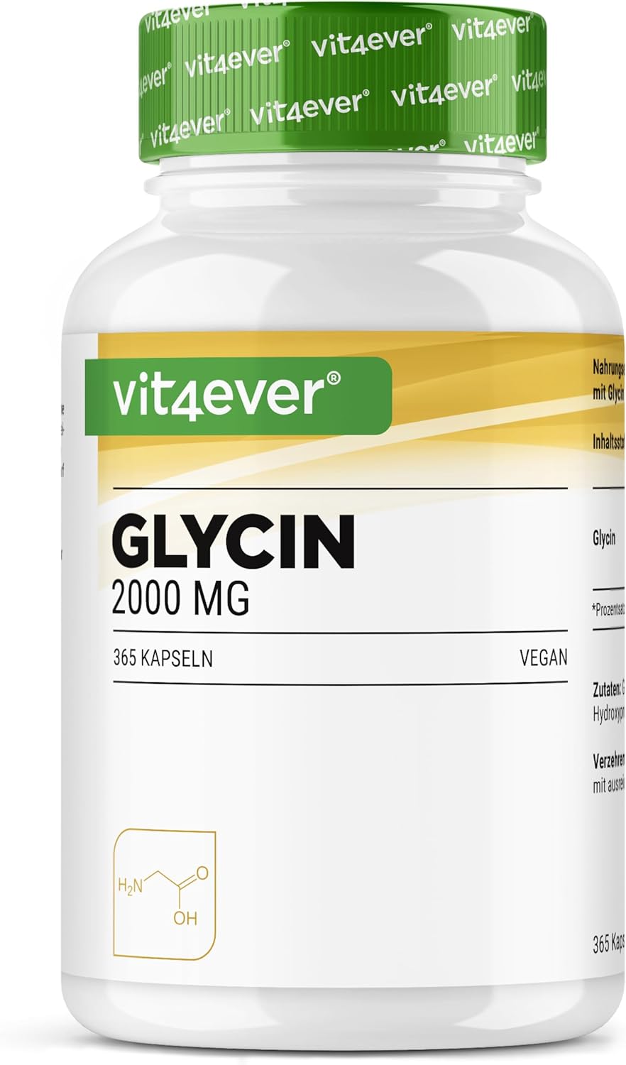 Detalle de vit4ever Glycin 365 Kapseln – hochdosiertes L-Glycin (2000 mg/Tag) vegan