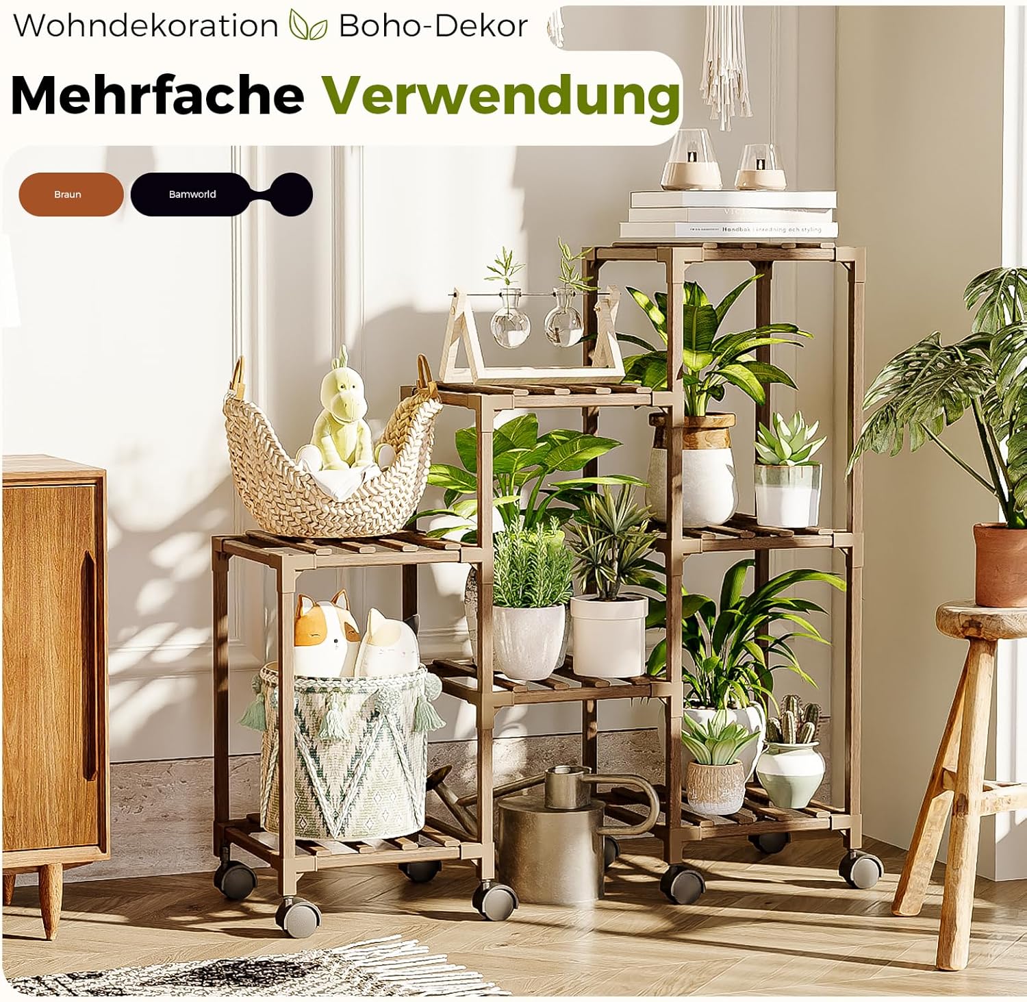 Detalle 2 de Bamworld Pflanzenständer aus Holz für Zimmerpflanzen & Outdoor – gestuftes Leiterregal mit Rollen