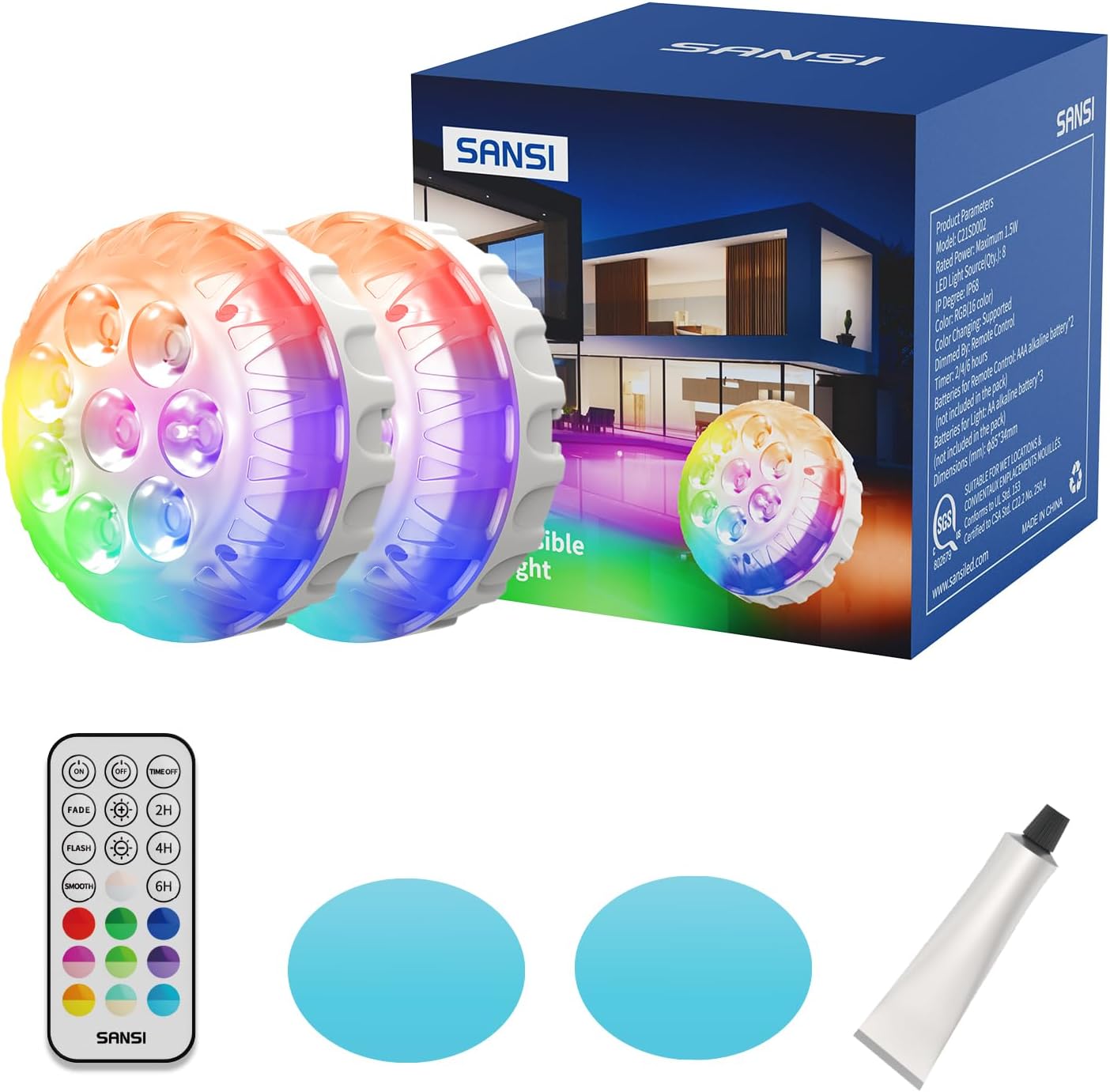SANSI Unterwasser Licht mit Fernbedienung – 2er-Set, 20 RGB Farben, IP68, Magneten & Saugnäpfe