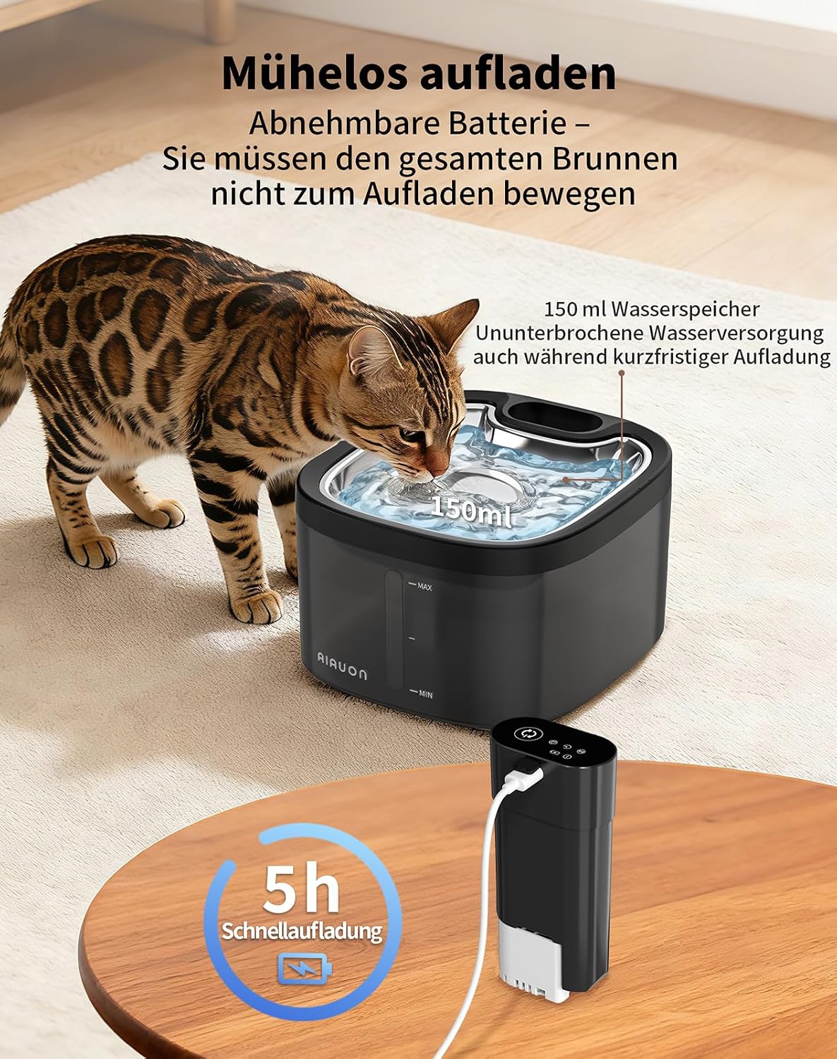 Detalle de Katzenbrunnen kabellos 3,5 L – Drahtloser Trinkbrunnen mit Sensor, 3 Modi, Edelstahl-Schale, leise und batteriebetrieben (Schwarz + 2 Filter)
