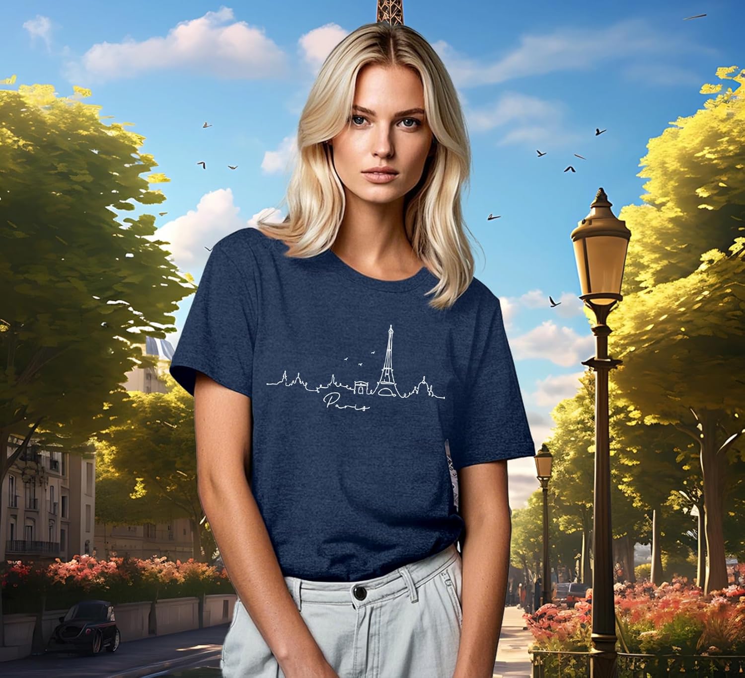 Detalle 2 de Qskall women’s Paris travel T-shirt with Eiffel Tower print (Bonjour tee)