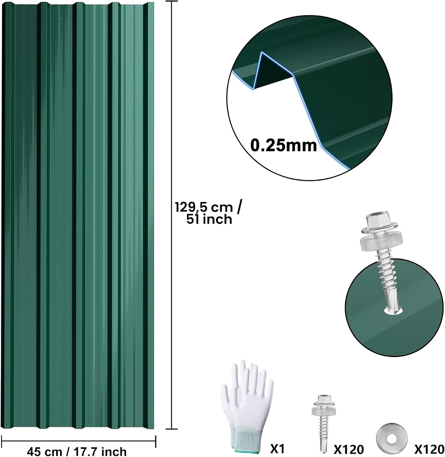 Thumbnail 1 de ACXIN 12 fogli profilati trapezoidali 129,5 x 45 cm (7 m²) – tettoia in acciaio zincato, verde, con viti e guanti