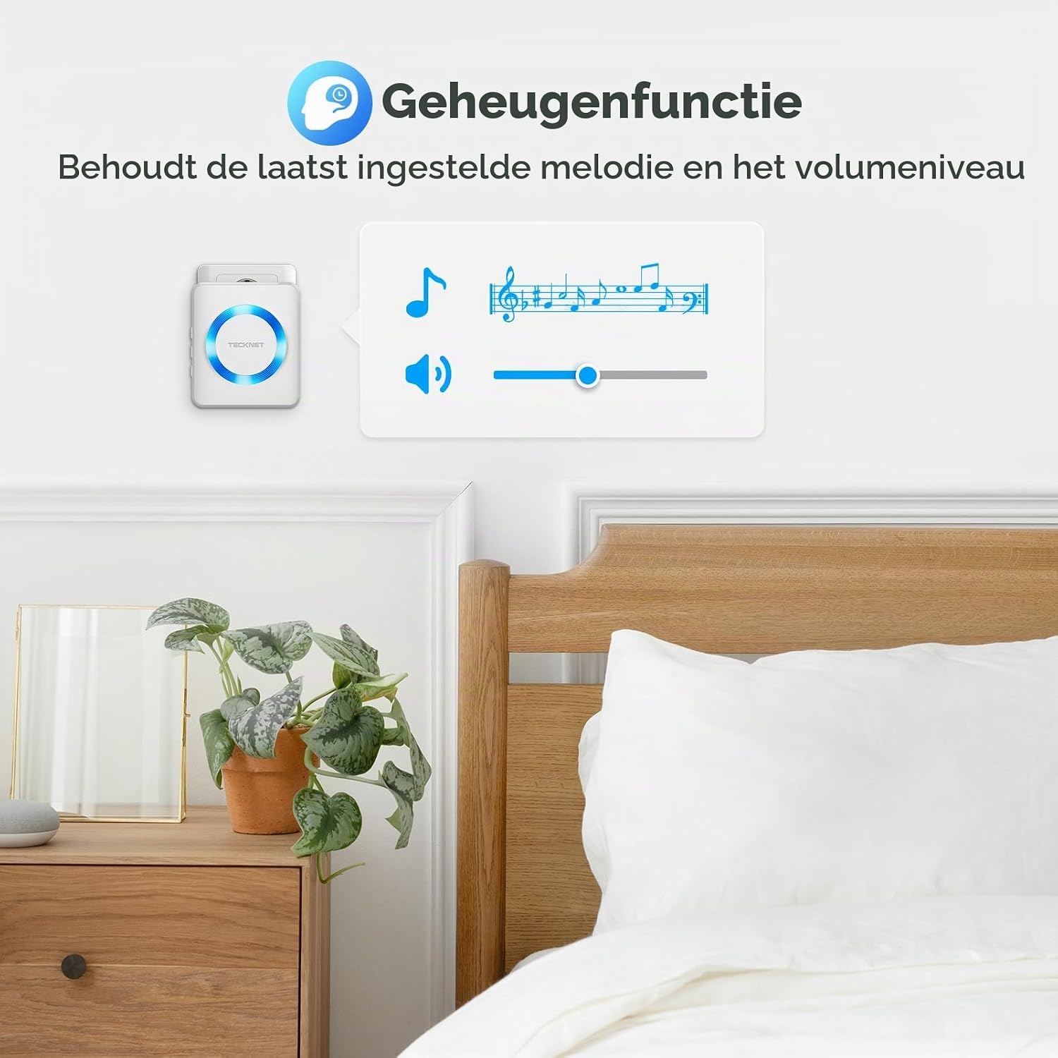 Detalle 2 de TECKNET HWD01878 draadloze deurbel met stekkerontvanger en blauwe led