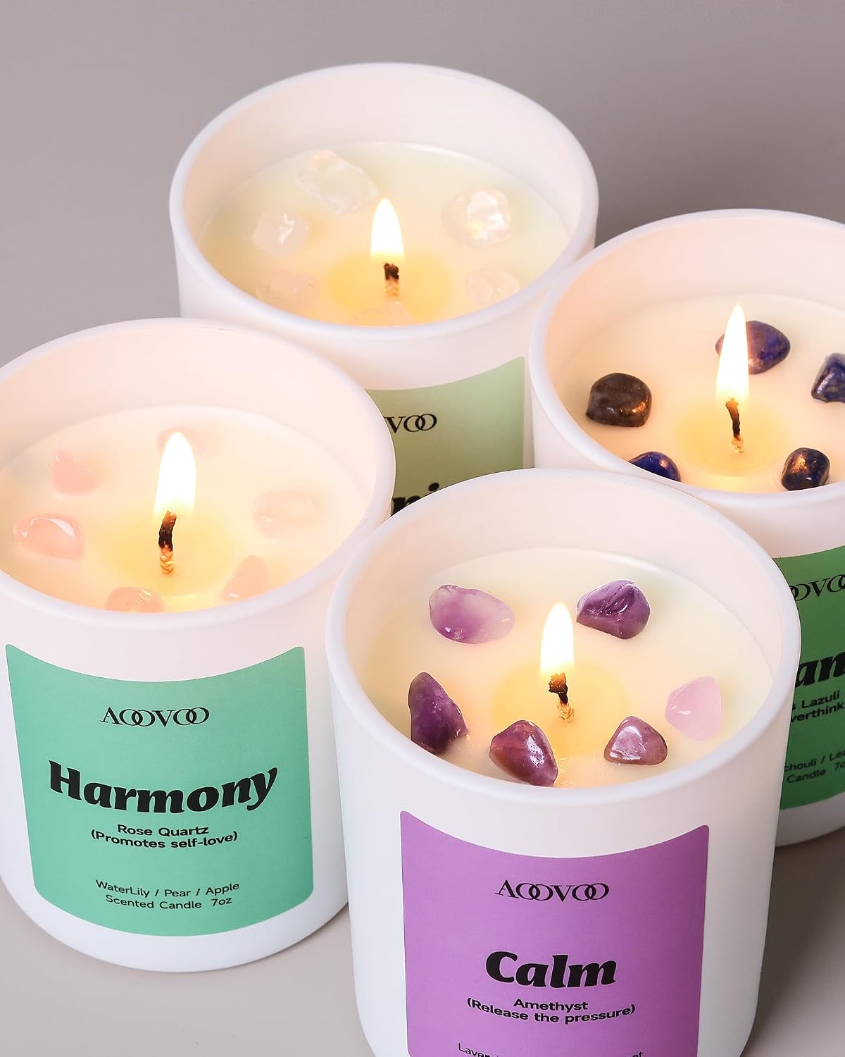 Detalle de AOOVOO Calm Candles Set for Women — 4-Pack Soy Candles with Crystals (Lavender Calm, Jasmine Serenity, Water Lily Pear Harmony, Patchouli Balance)